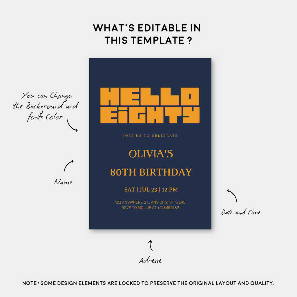 Hello Eighty Navy Blue 80th Birthday Invitation | Modern Milestone Party Invite | Elegant Birthday Celebration