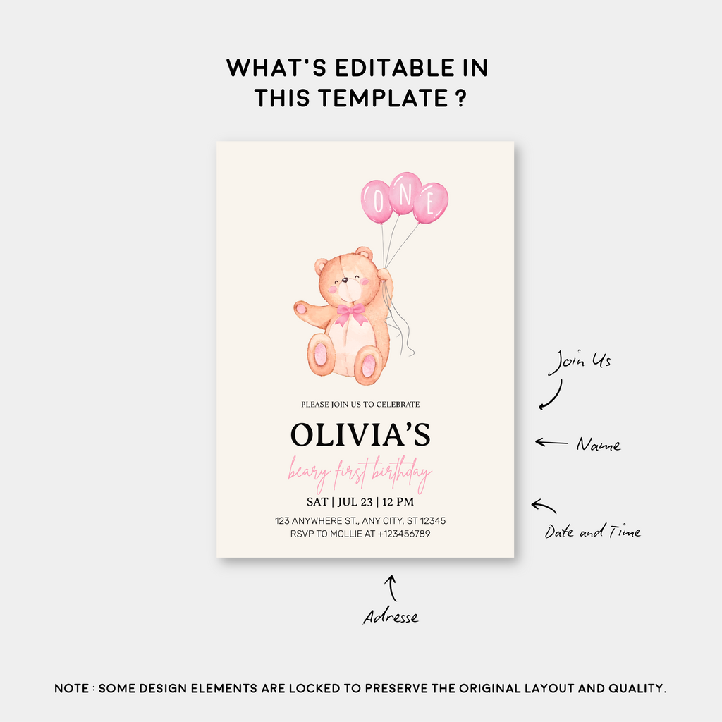 Beary First Pink Balloon 1st Birthday Teddy Invitation – Editable Canva Template