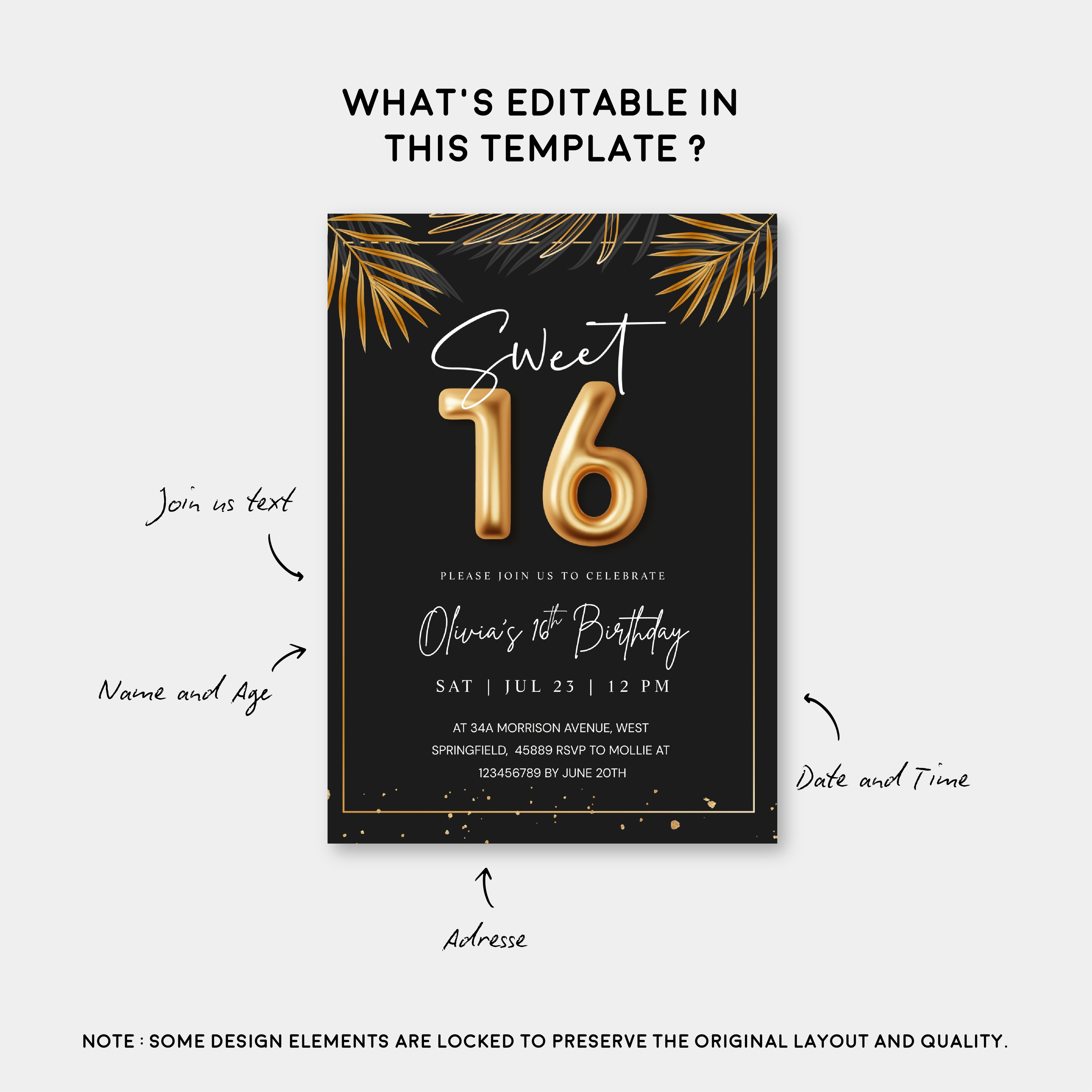 Sweet 16 Tropical Gold Invitation Template | Editable Sixteenth Birthday Invite | Golden Leaves Canva Instant Download