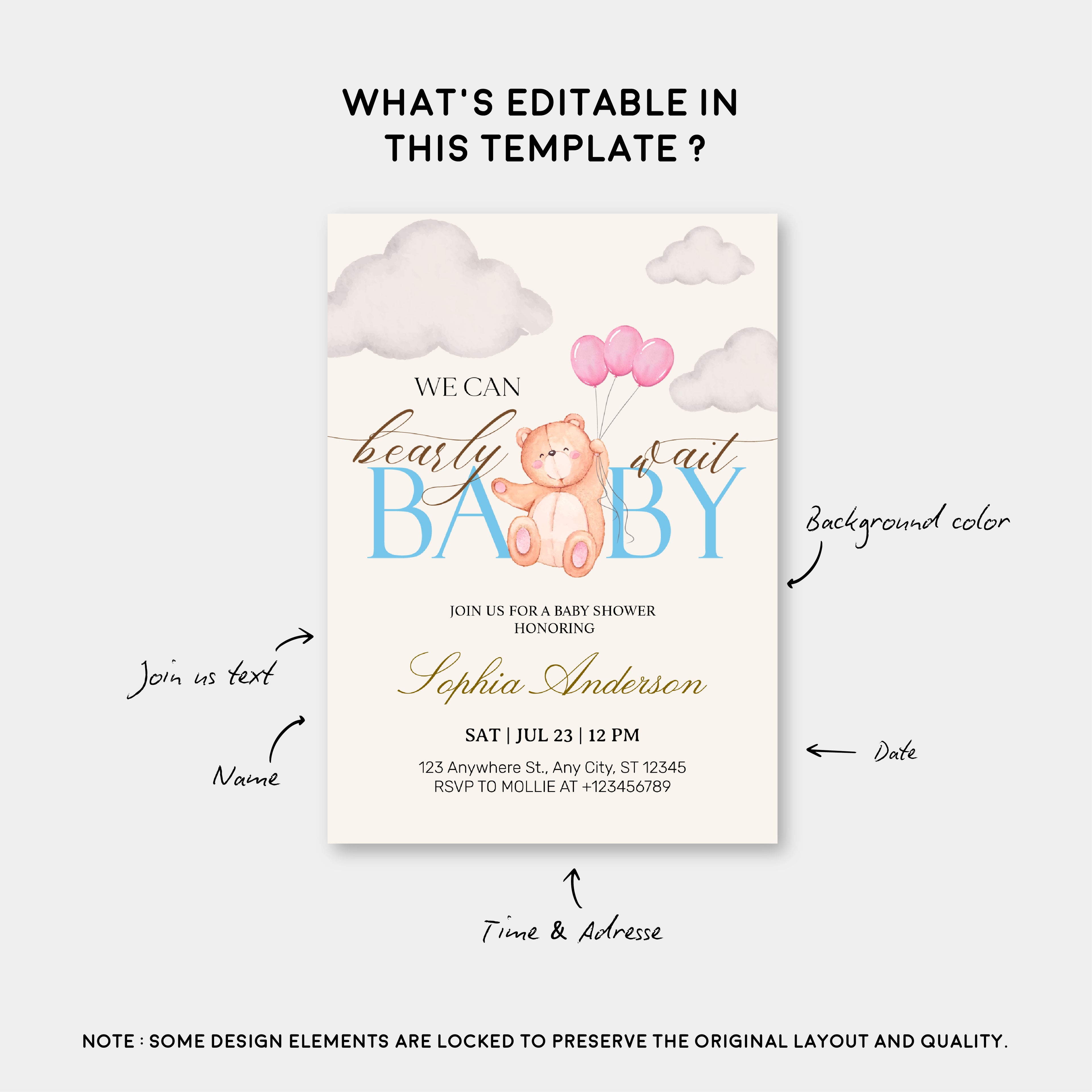 We Can Bearly Wait Pink & Blue Teddy Bear Baby Shower Invitation – Editable Canva Template