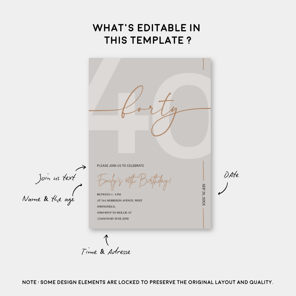 Modern Beige & Gold 40th Birthday Invitation – Editable Canva Template