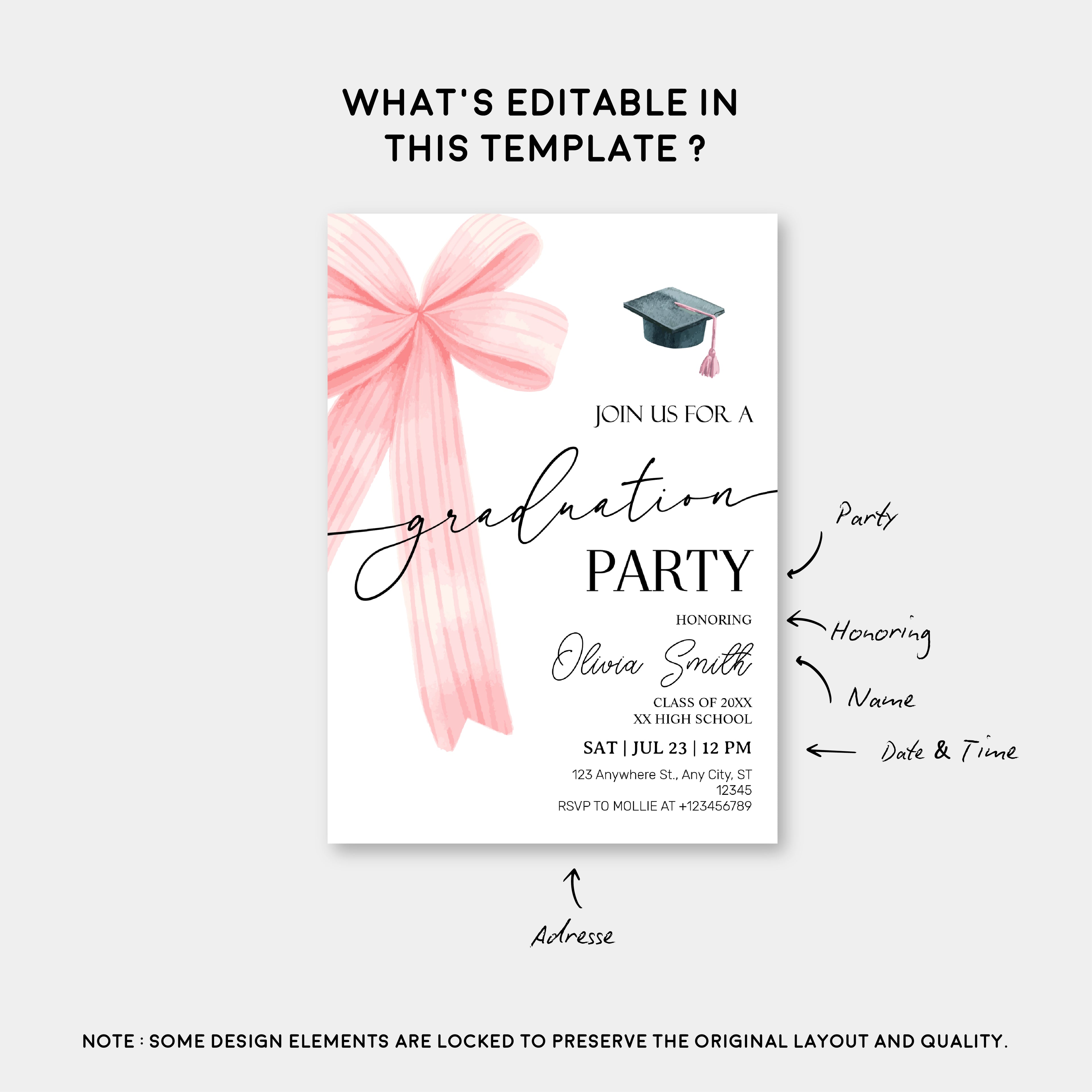 Pink Bow Graduation Party Invitation – Editable Canva Template