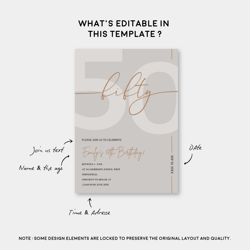 Modern Beige & Gold 50th Birthday Invitation – Editable Canva Template