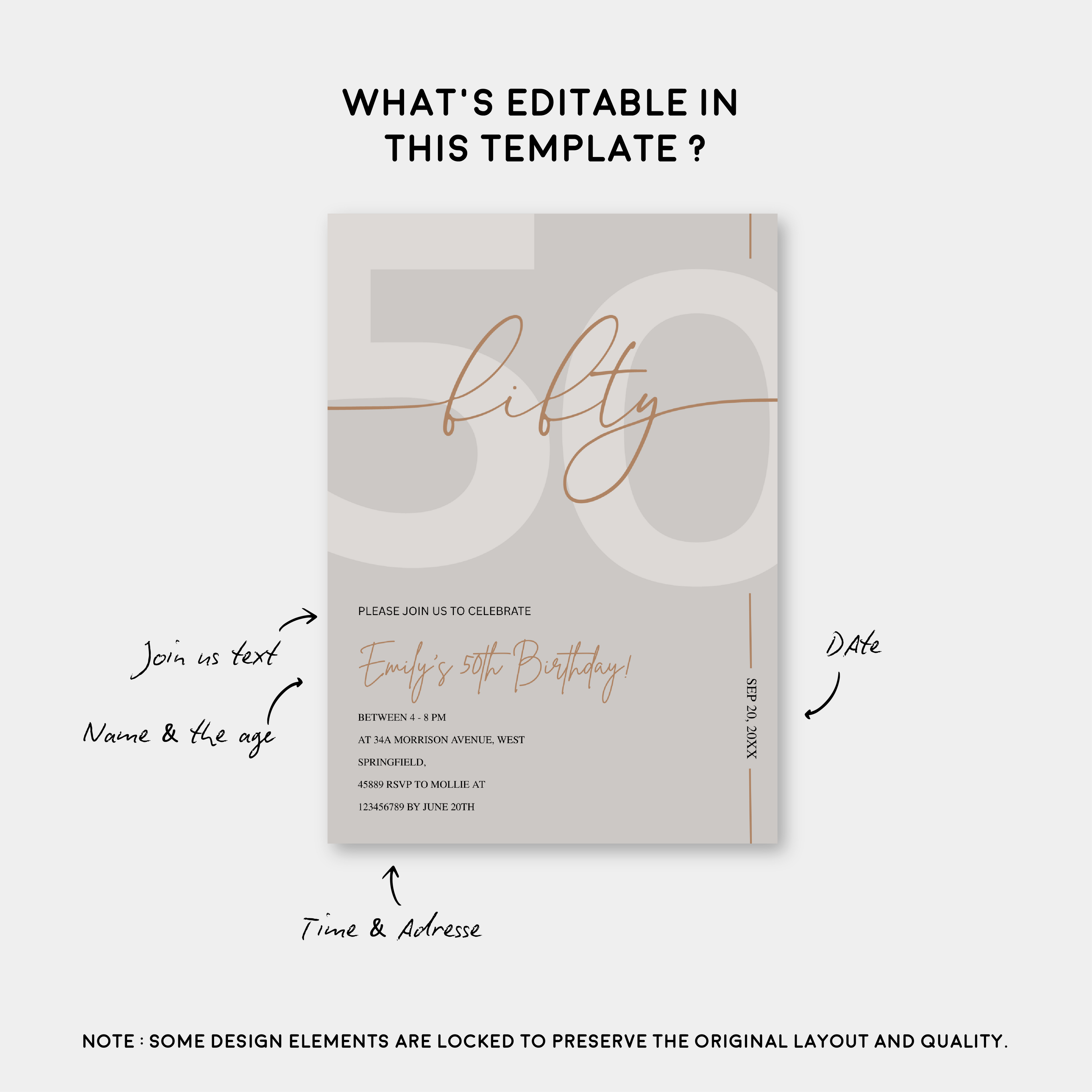 Modern Beige & Gold 50th Birthday Invitation – Editable Canva Template