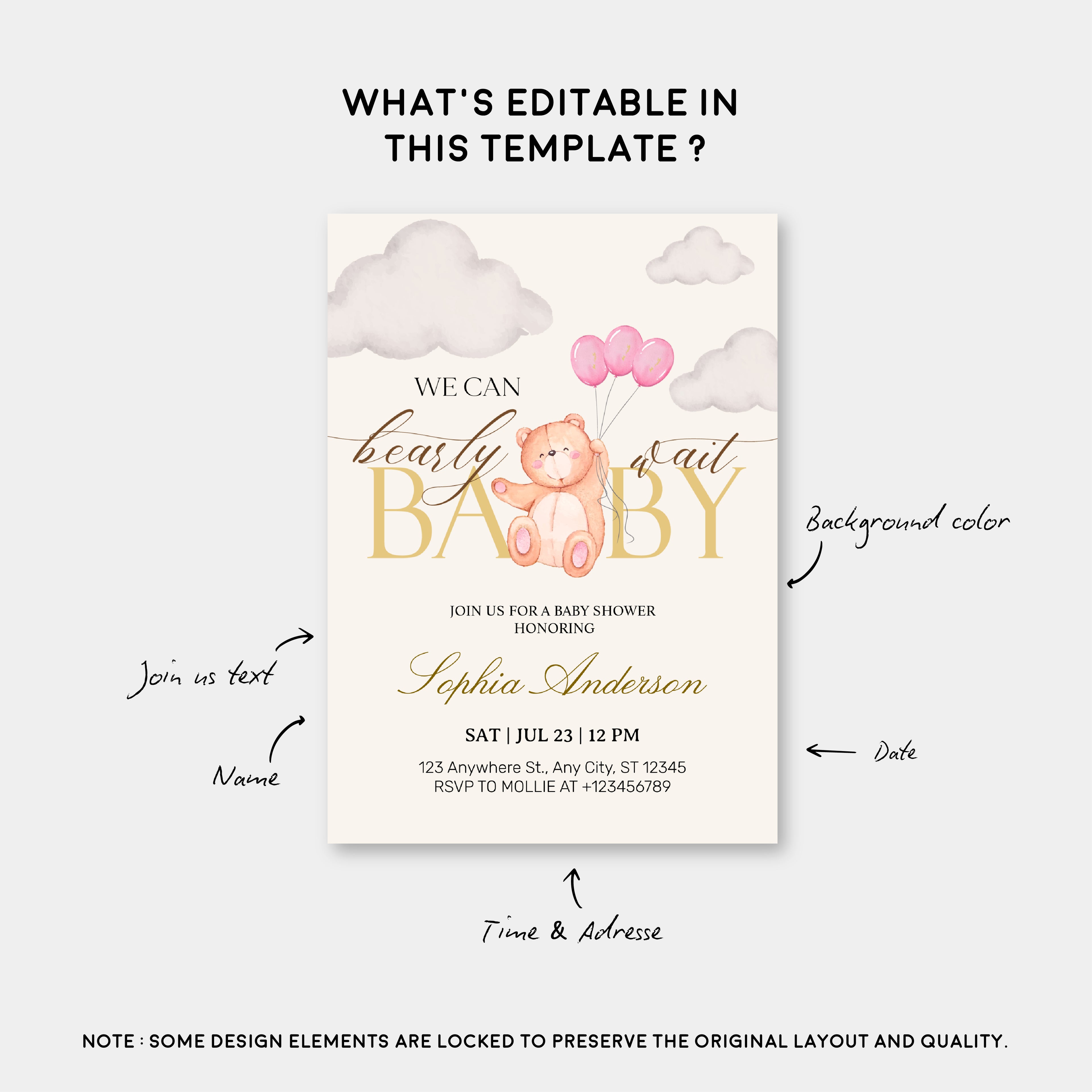 We Can Bearly Wait Pink & Gold Teddy Bear Baby Shower Invitation – Editable Canva Template