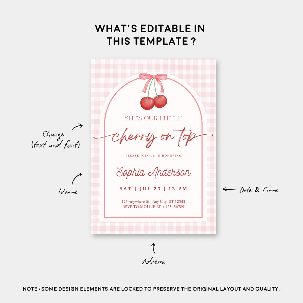 Editable She is the Cherry on Top Baby Shower Invitation | Gingham Cherry Canva Template – Instant Download