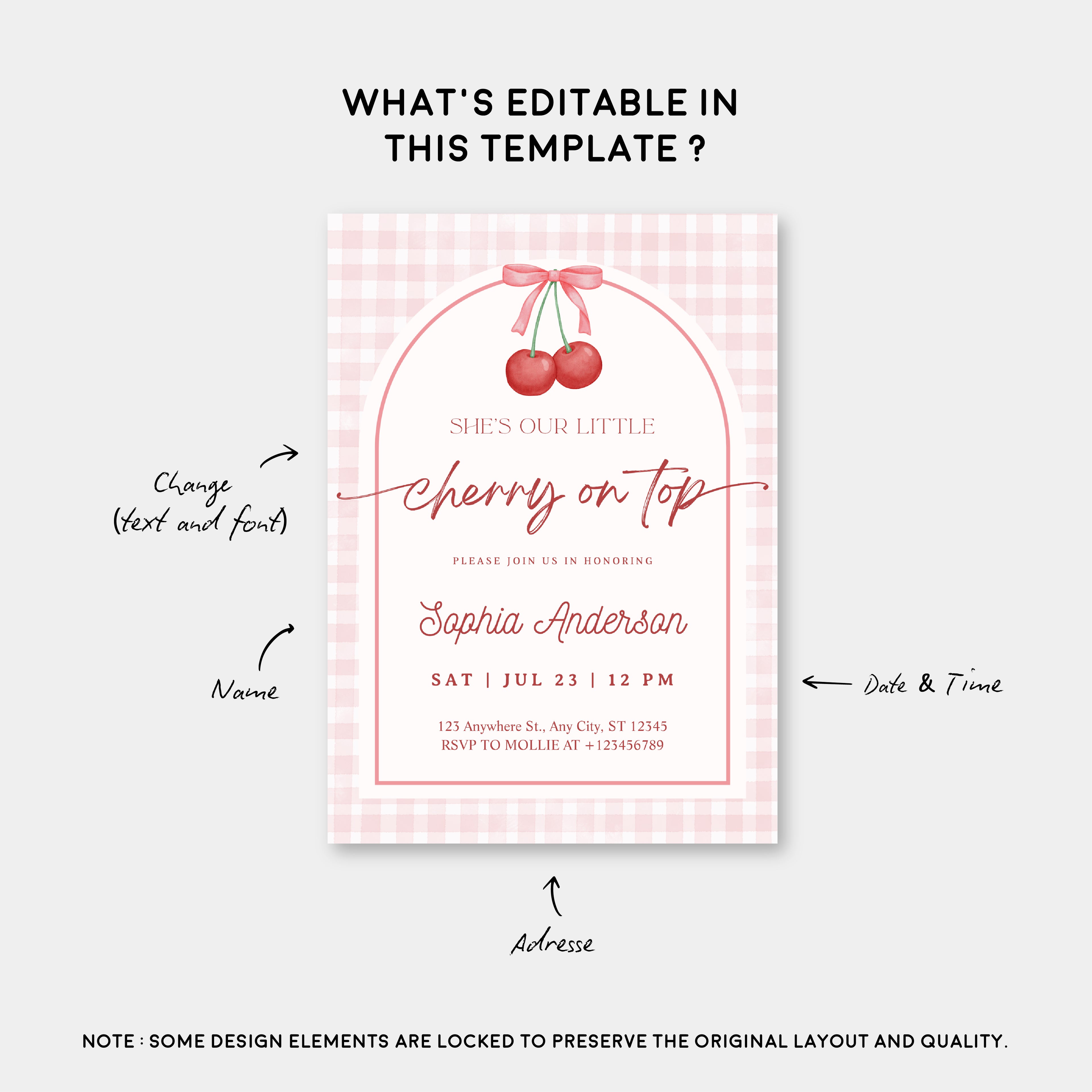 Editable She is the Cherry on Top Baby Shower Invitation | Gingham Cherry Canva Template – Instant Download