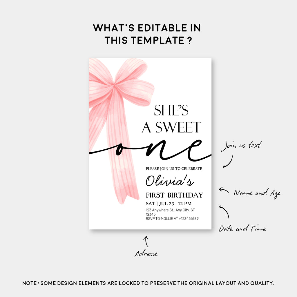 Pink Bow 1st Birthday Invitation – Editable Canva Template