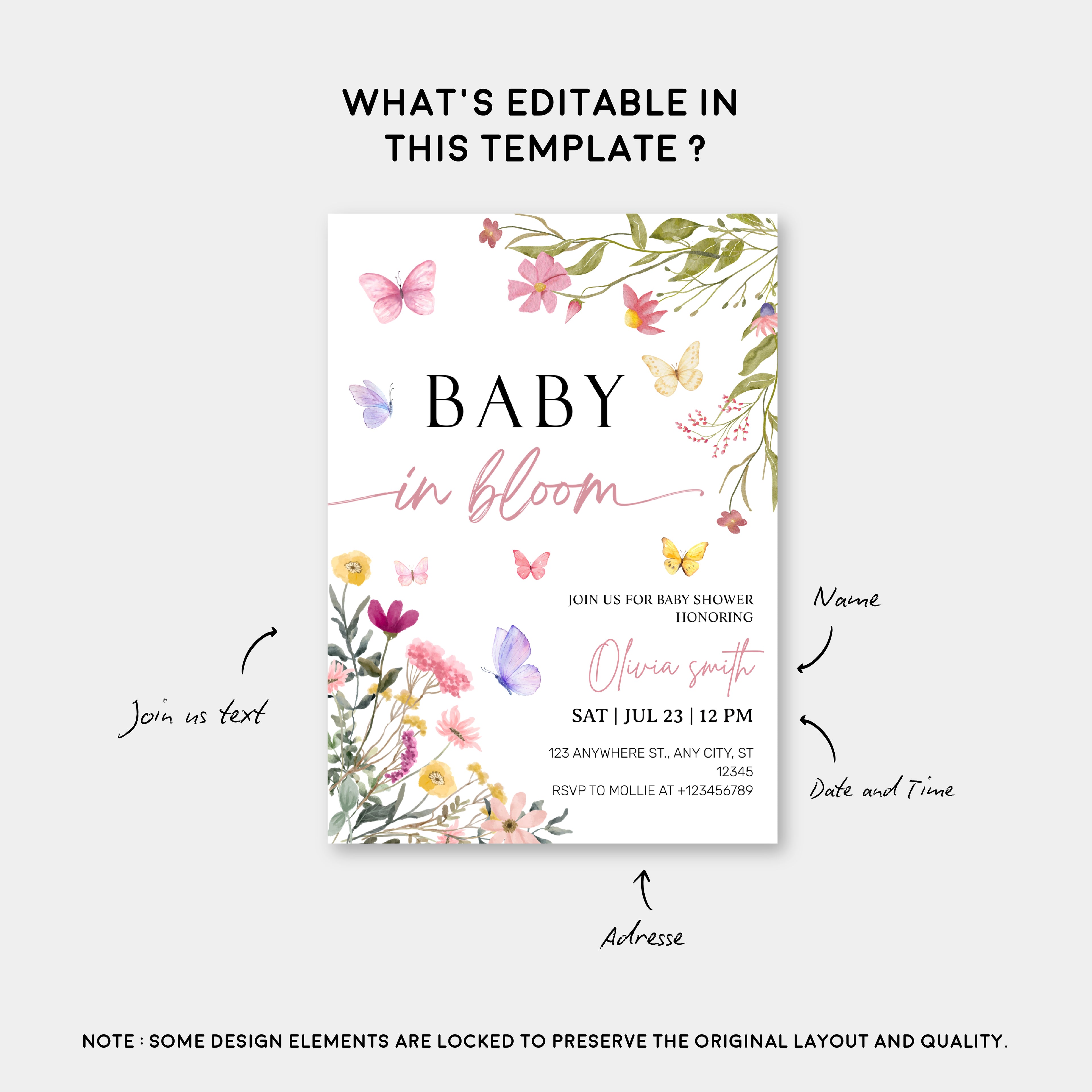 Baby in Bloom Wildflower Baby Shower Invitation Template | Editable Floral Garden Baby Shower Invite | Printable Boho Spring Baby Shower