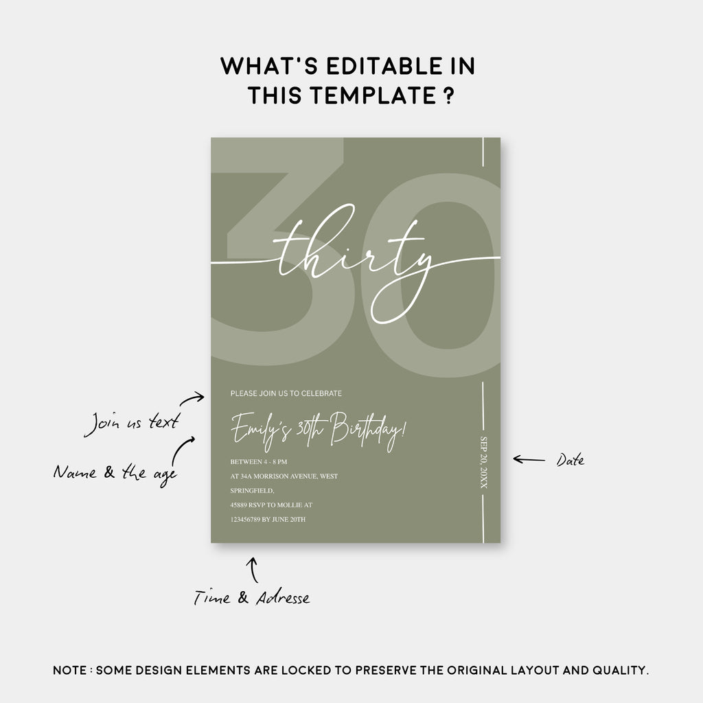 Elegant Sage Green 30th Birthday Invitation Template | Minimalist Thirty Milestone Party Invite | Editable & Instant Download