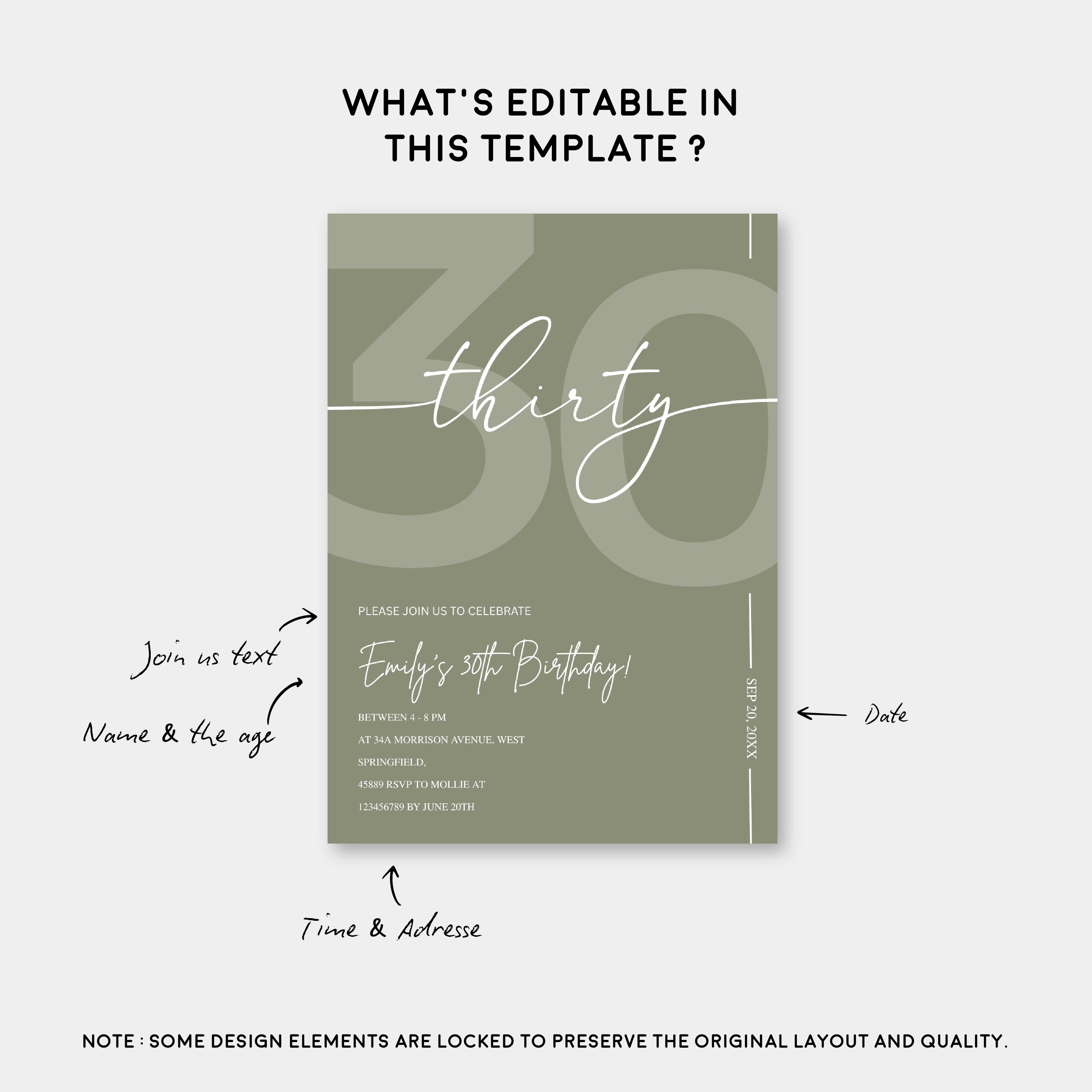 Elegant Sage Green 30th Birthday Invitation Template | Minimalist Thirty Milestone Party Invite | Editable & Instant Download
