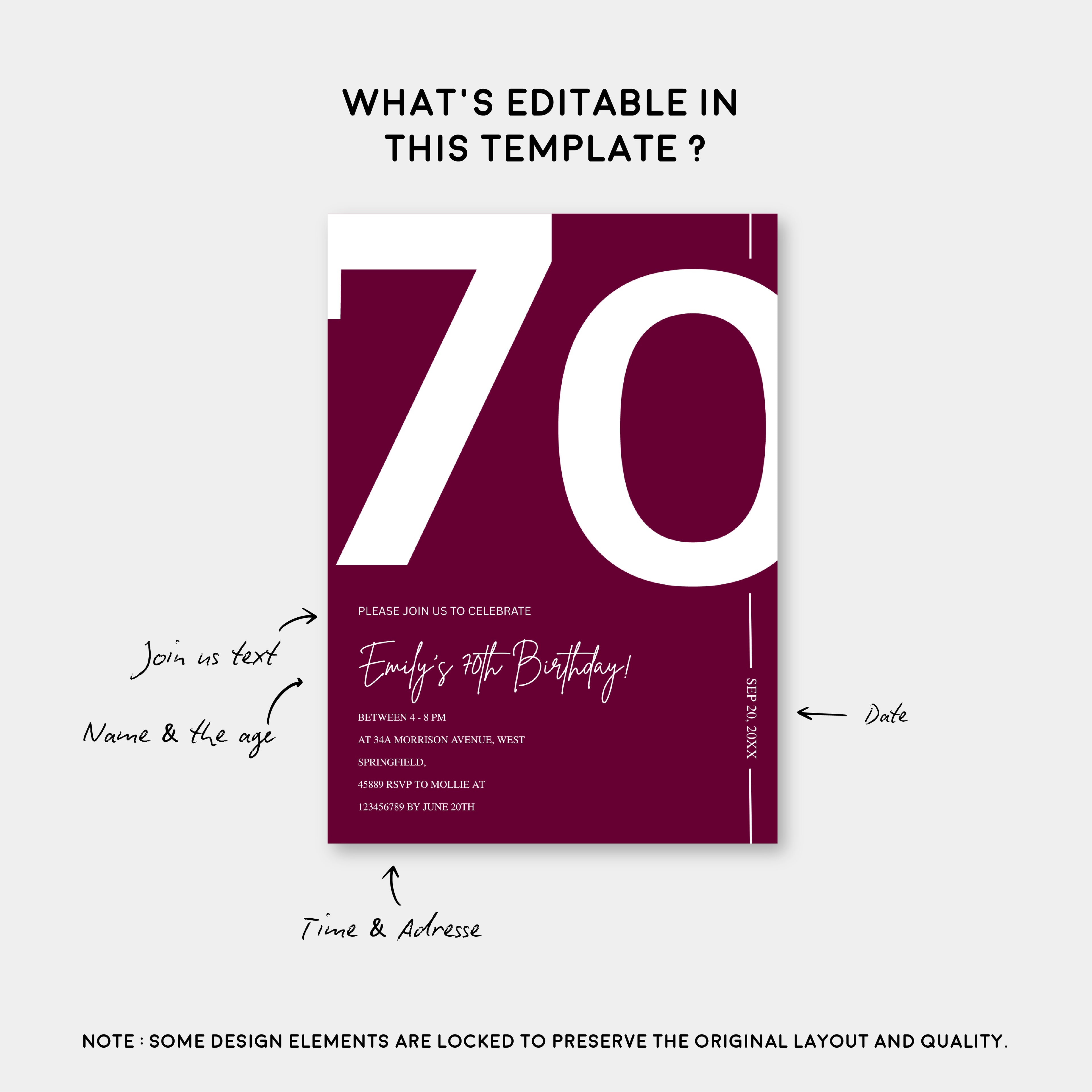 Elegant Burgundy 70th Birthday Invitation Template | Chic Seventy Milestone Party Invite | Editable & Instant Download