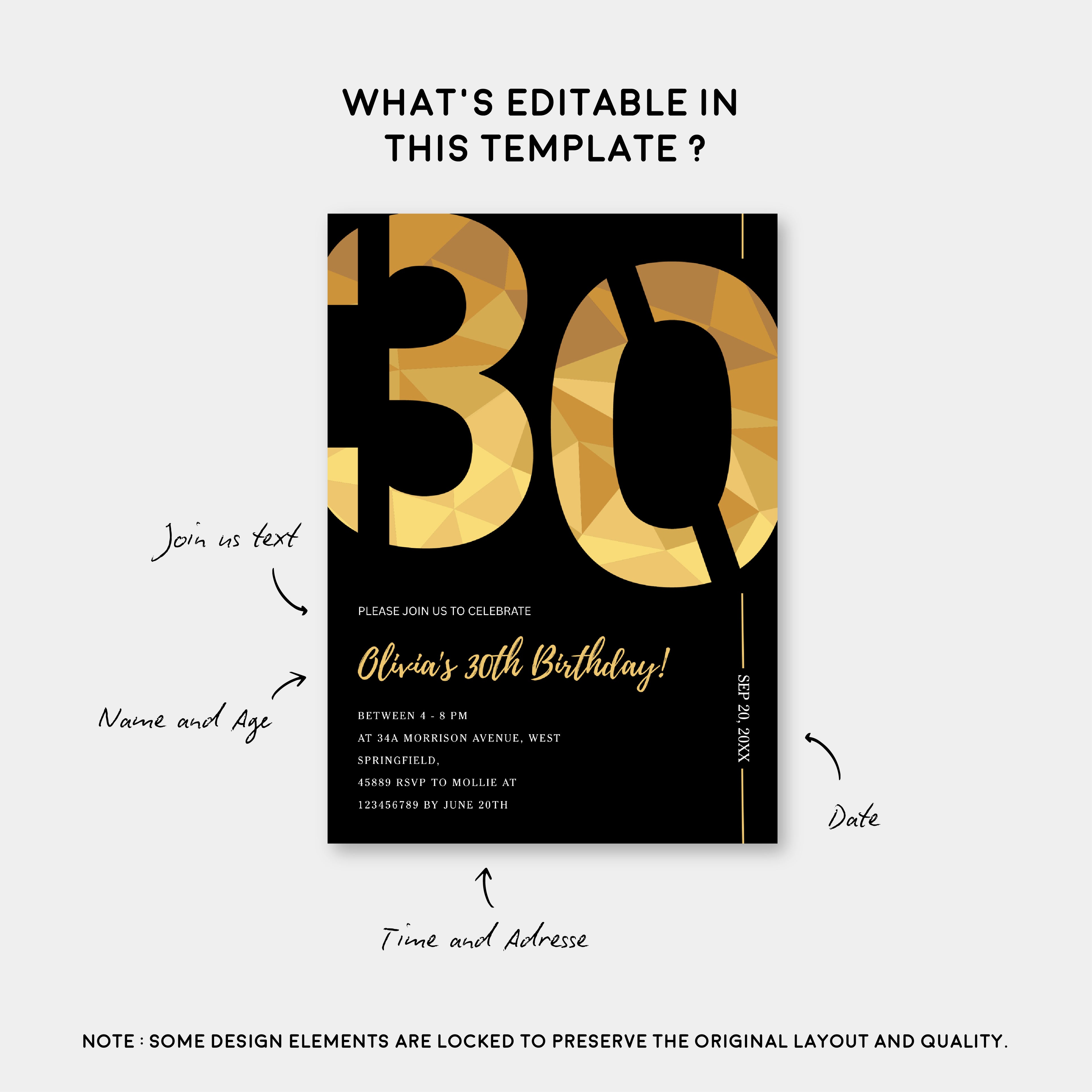 Elegant Black & Gold 30th Birthday Invitation Template | Editable Birthday Party Invite | Instant Download Canva