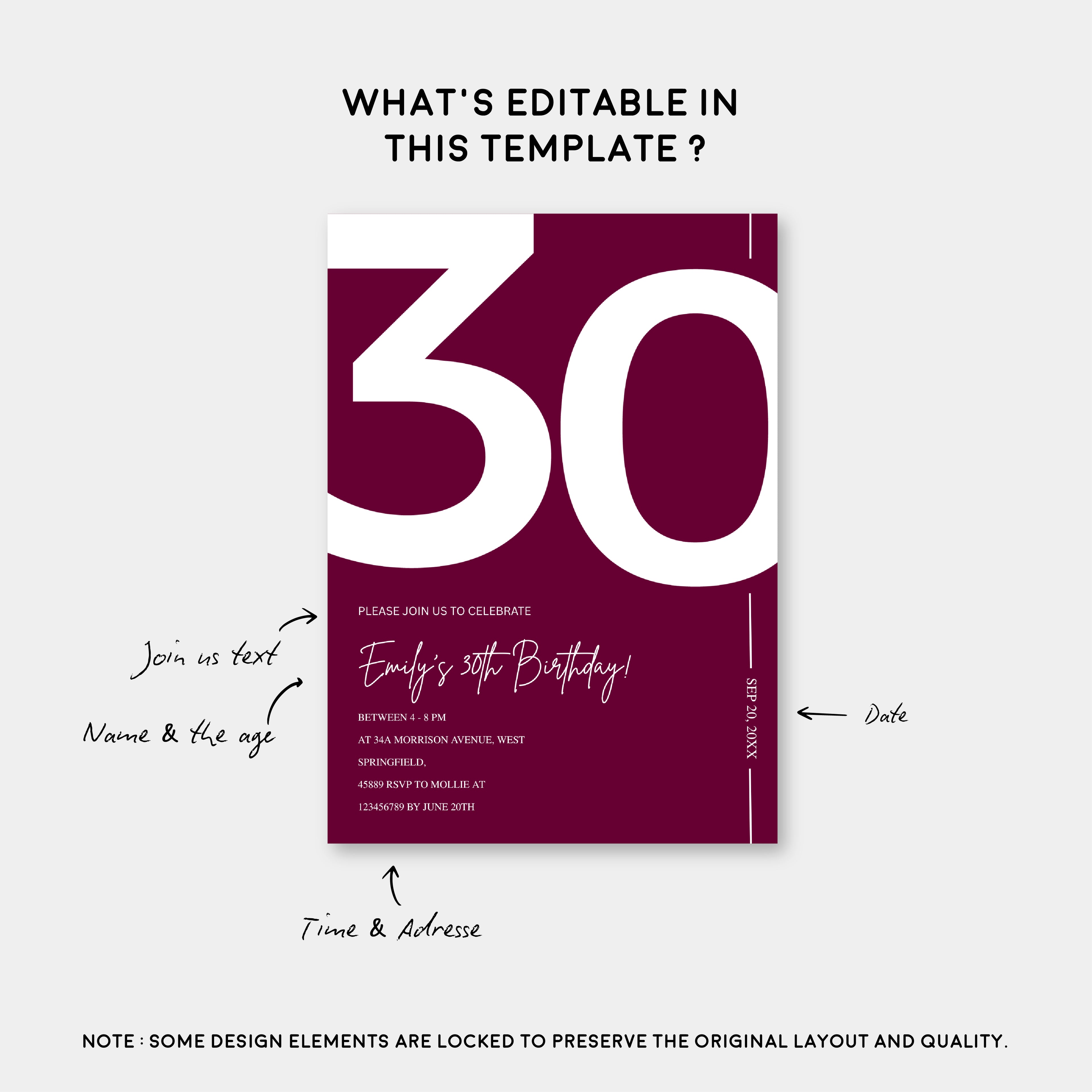 Elegant Burgundy 30th Birthday Invitation Template | Chic Thirty Milestone Party Invite | Editable & Instant Download