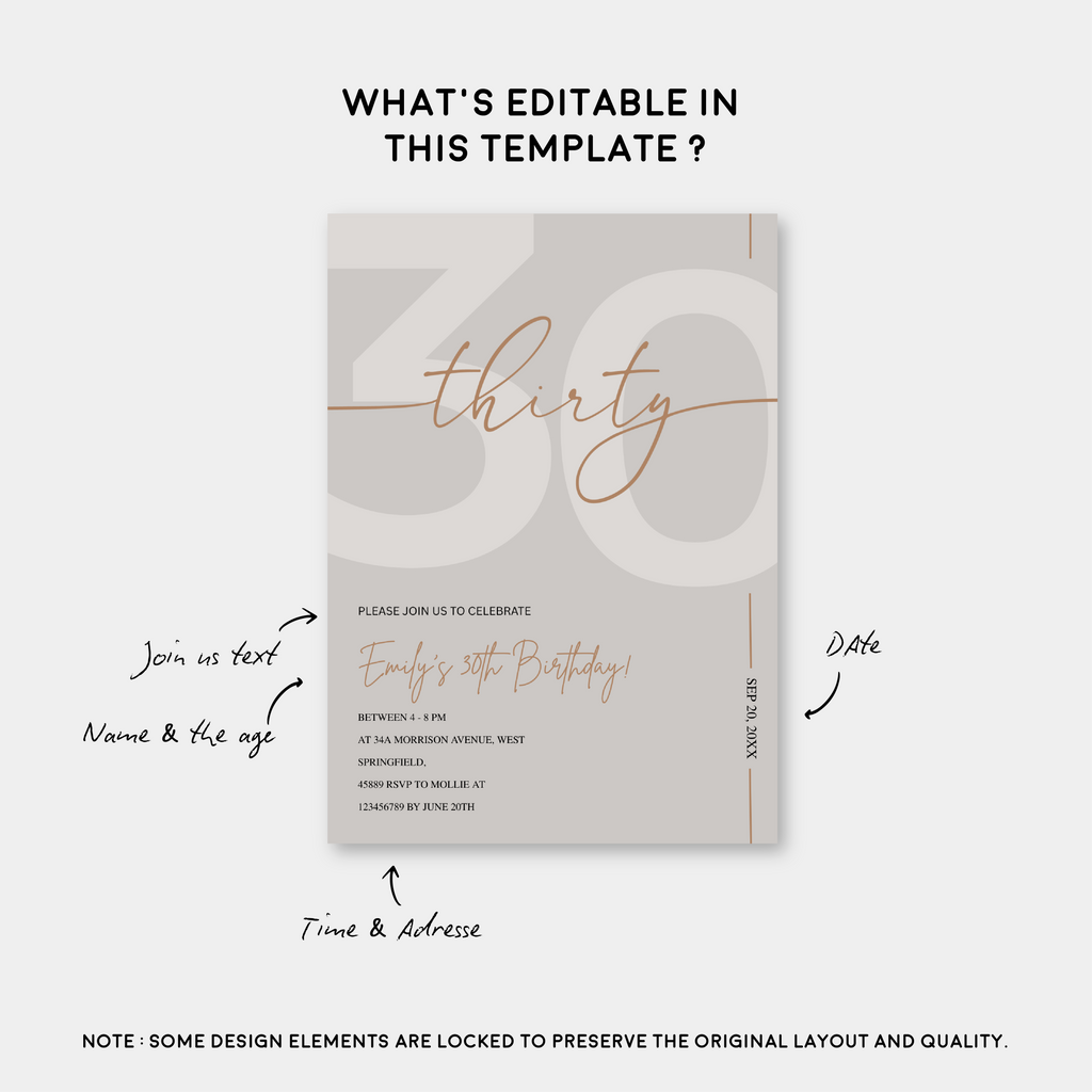 Modern Beige & Gold 30th Birthday Invitation – Editable Canva Template