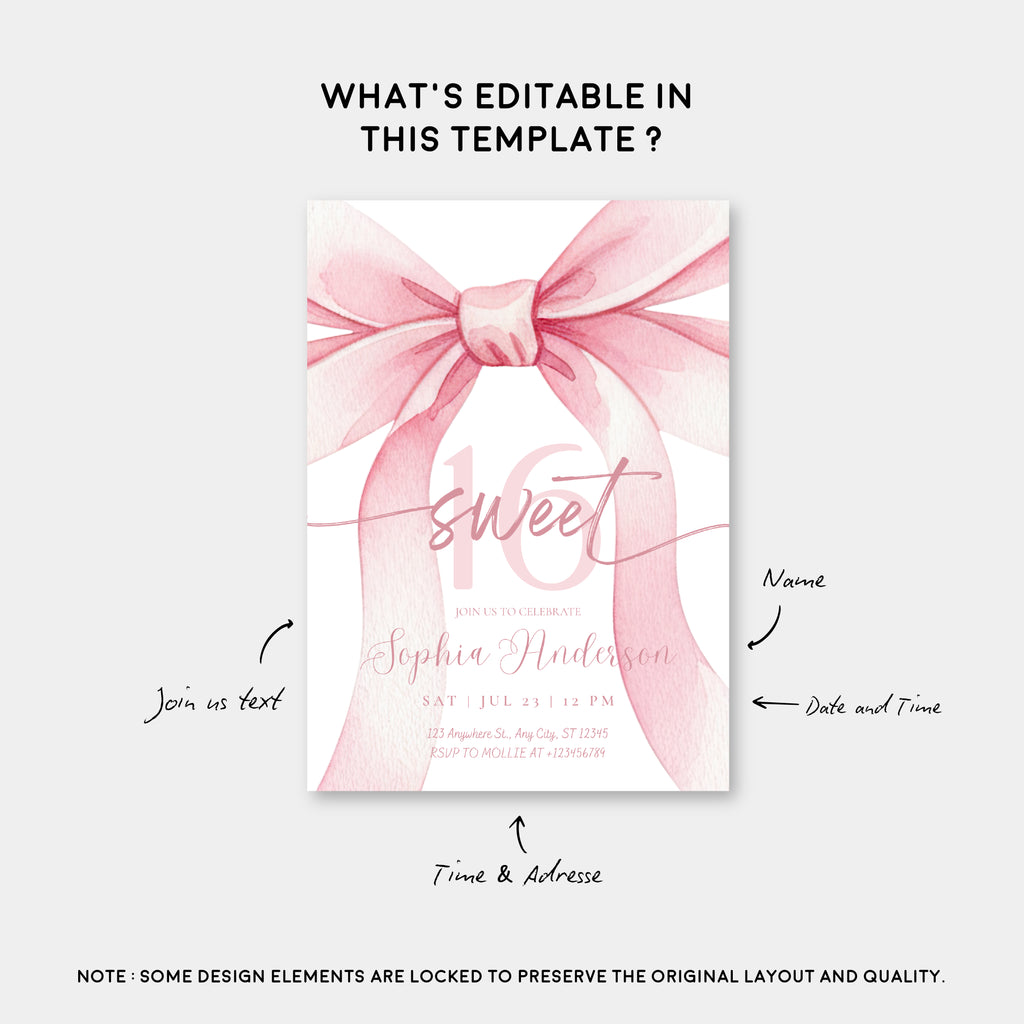 Blush Pink Bow Sweet 16 Invitation Template | Editable 16th Birthday Party Invite | Canva Instant Download