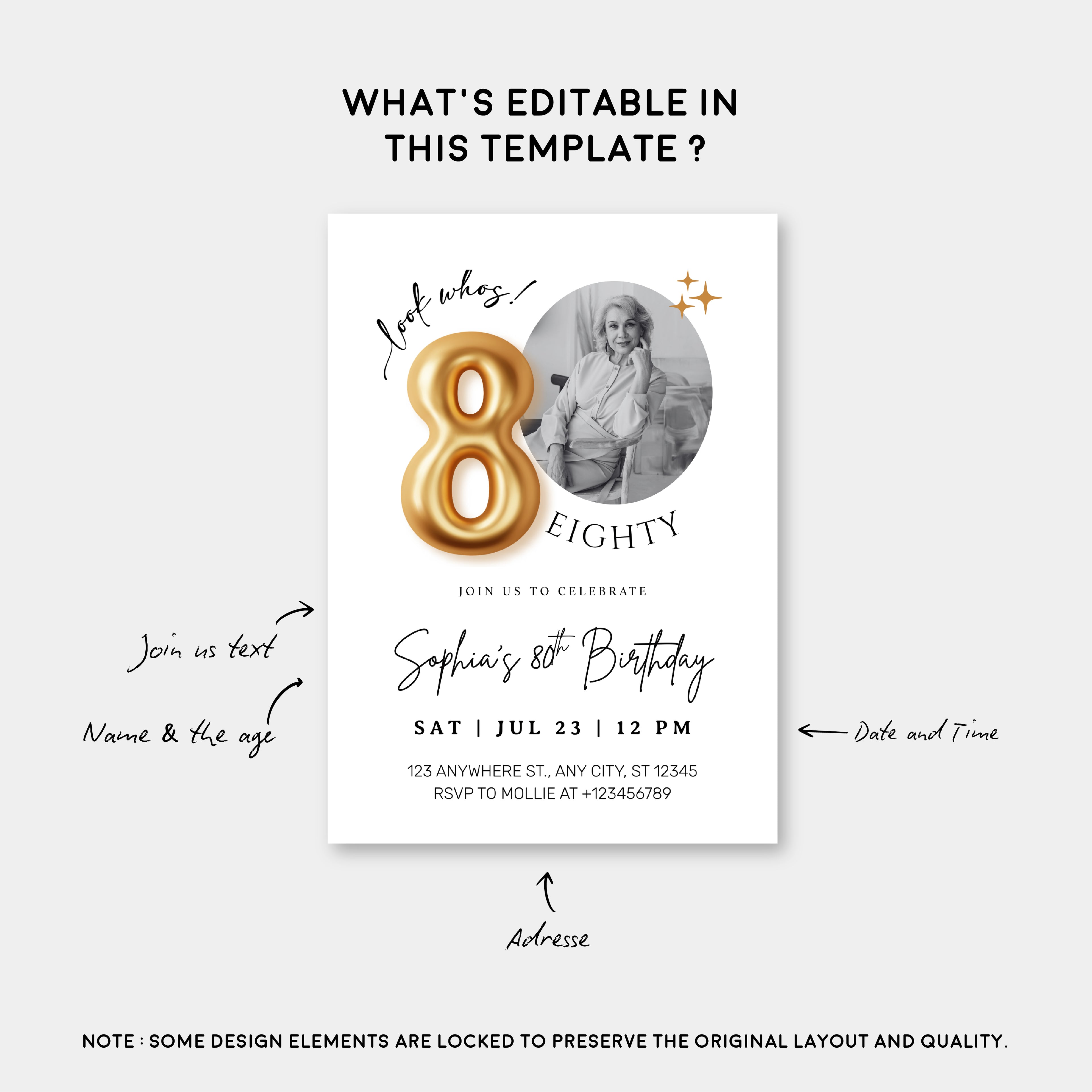 Modern Minimalist 80th Birthday Gold Balloon Photo Invitation Template | Elegant Milestone Party Invite | Editable & Instant Download