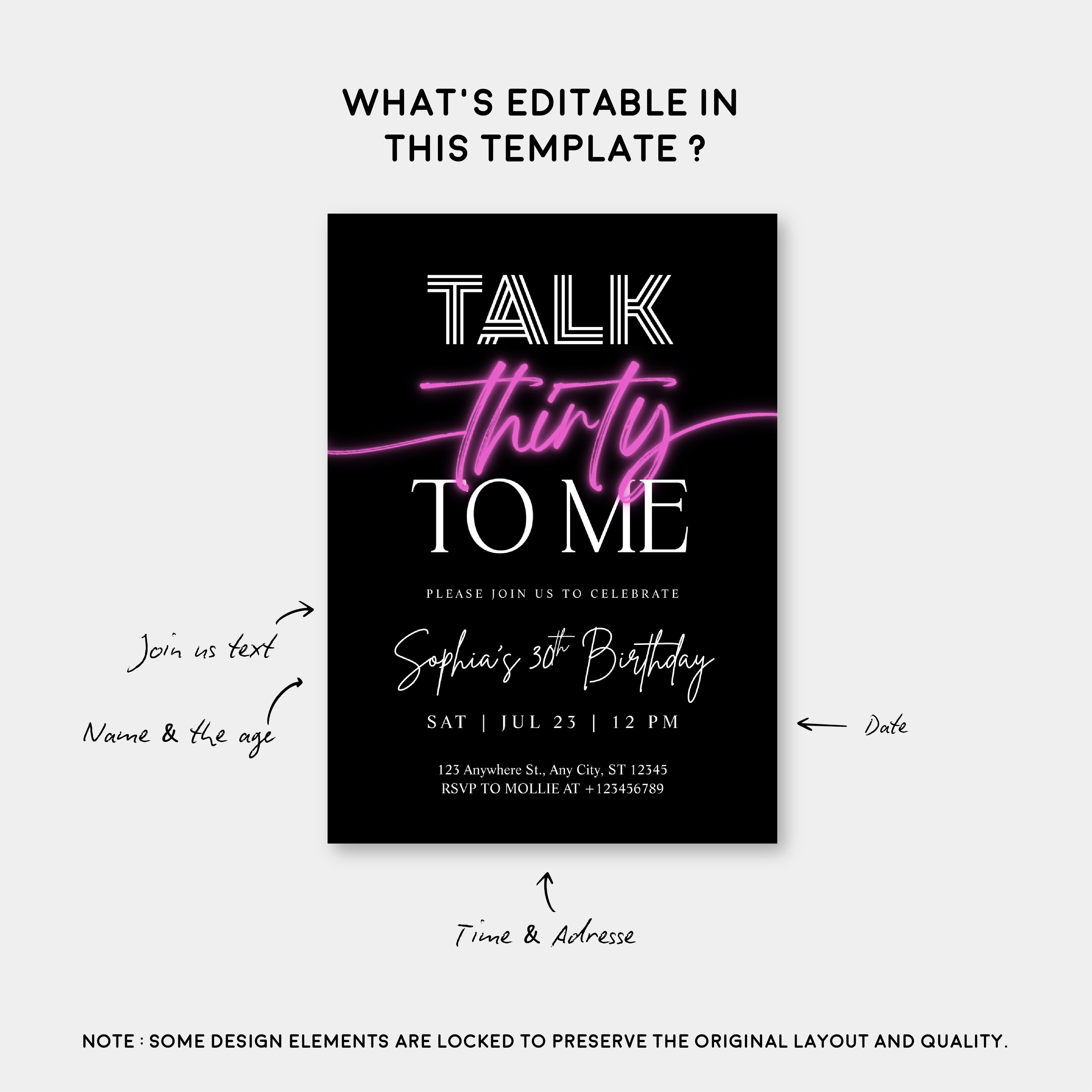 Talk 30 To Me 30th Birthday Invitation Template | Pink Neon Thirty Party Invite | Editable & Instant Download