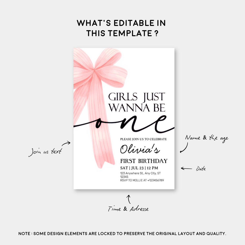Girls Just Wanna Be One Pink Bow 1st Birthday Invitation – Editable Canva Template