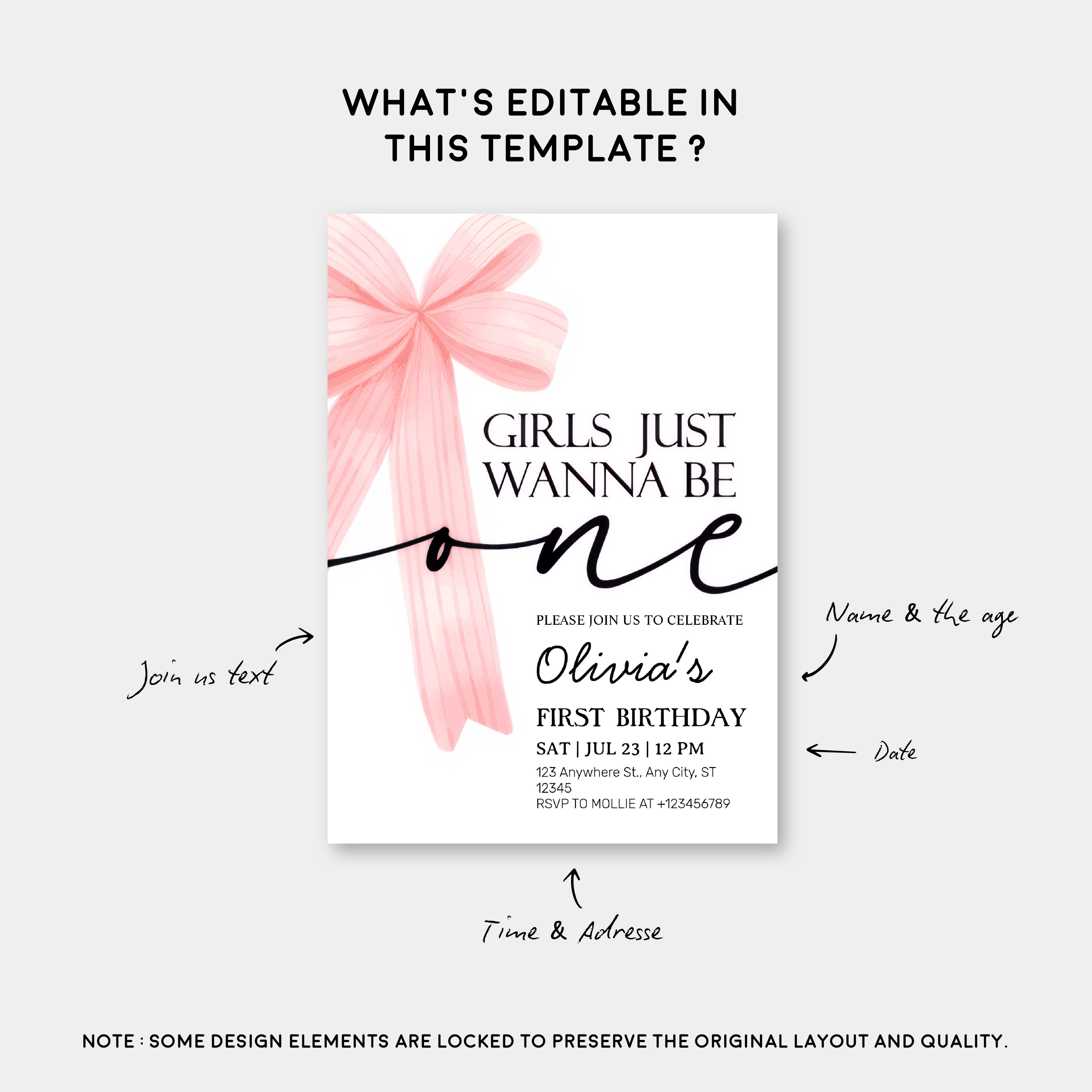 Girls Just Wanna Be One Pink Bow 1st Birthday Invitation – Editable Canva Template