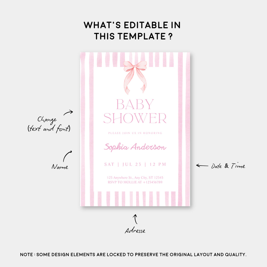 Editable Pink Striped Bow Baby Shower Invitation Template | Coquette Baby Shower Invite | Edit in Canva – Instant Download