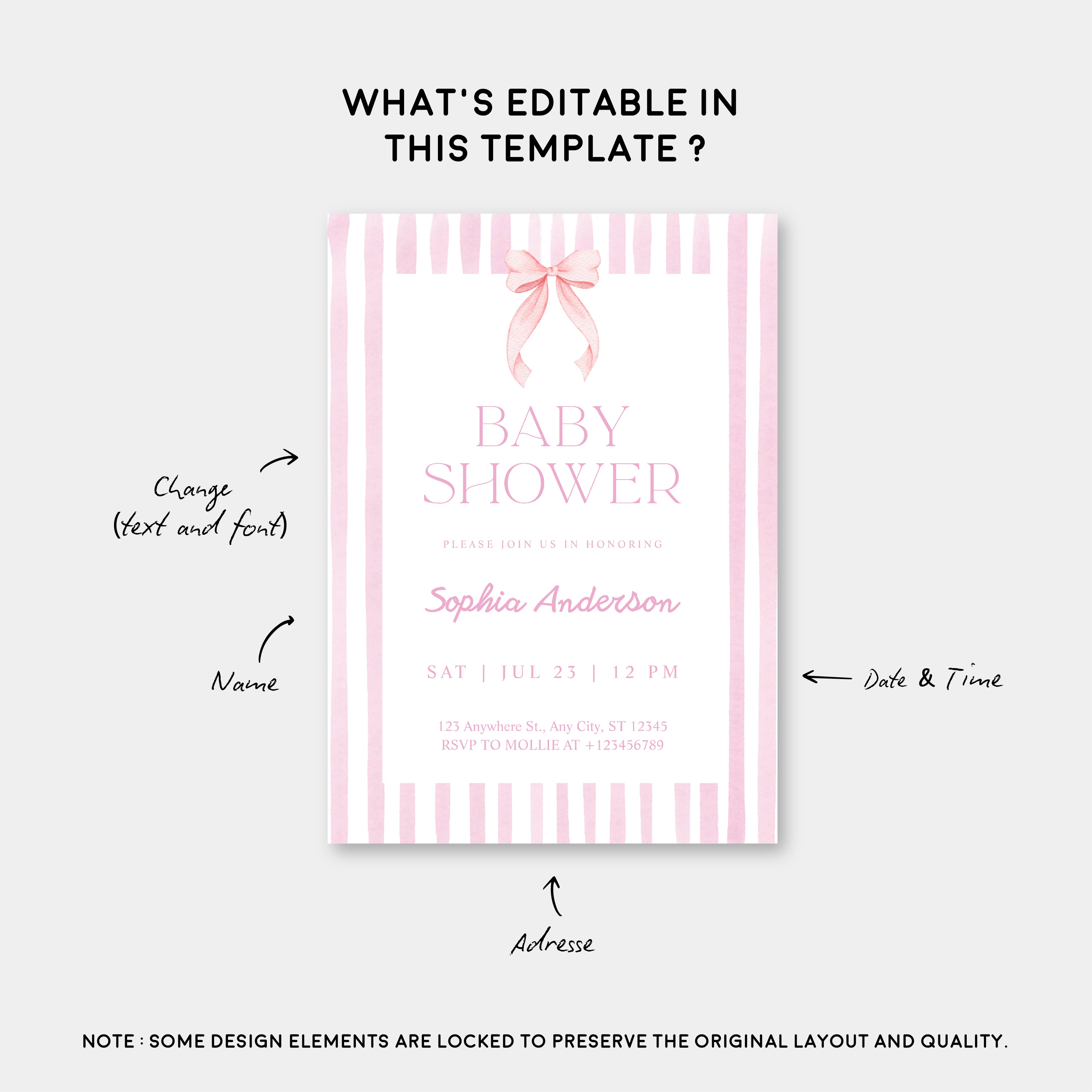 Editable Pink Striped Bow Baby Shower Invitation Template | Coquette Baby Shower Invite | Edit in Canva – Instant Download