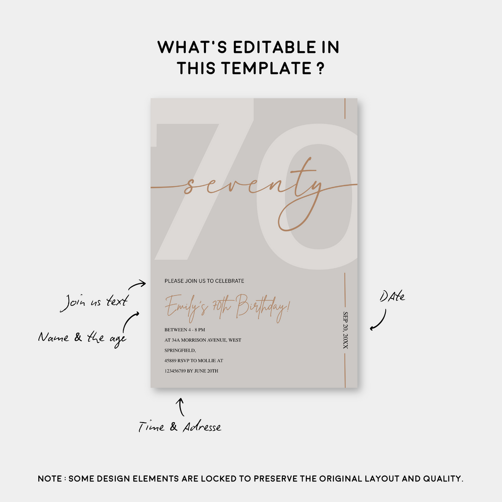 Modern Beige & Gold 70th Birthday Invitation – Editable Canva Template