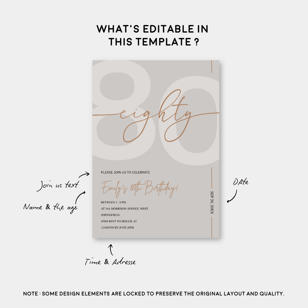 Modern Beige & Gold 80th Birthday Invitation – Editable Canva Template