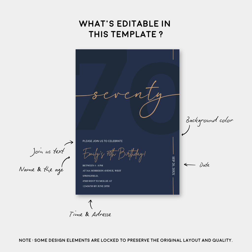 Modern Navy Blue & Gold 70th Birthday Invitation – Editable Canva Template