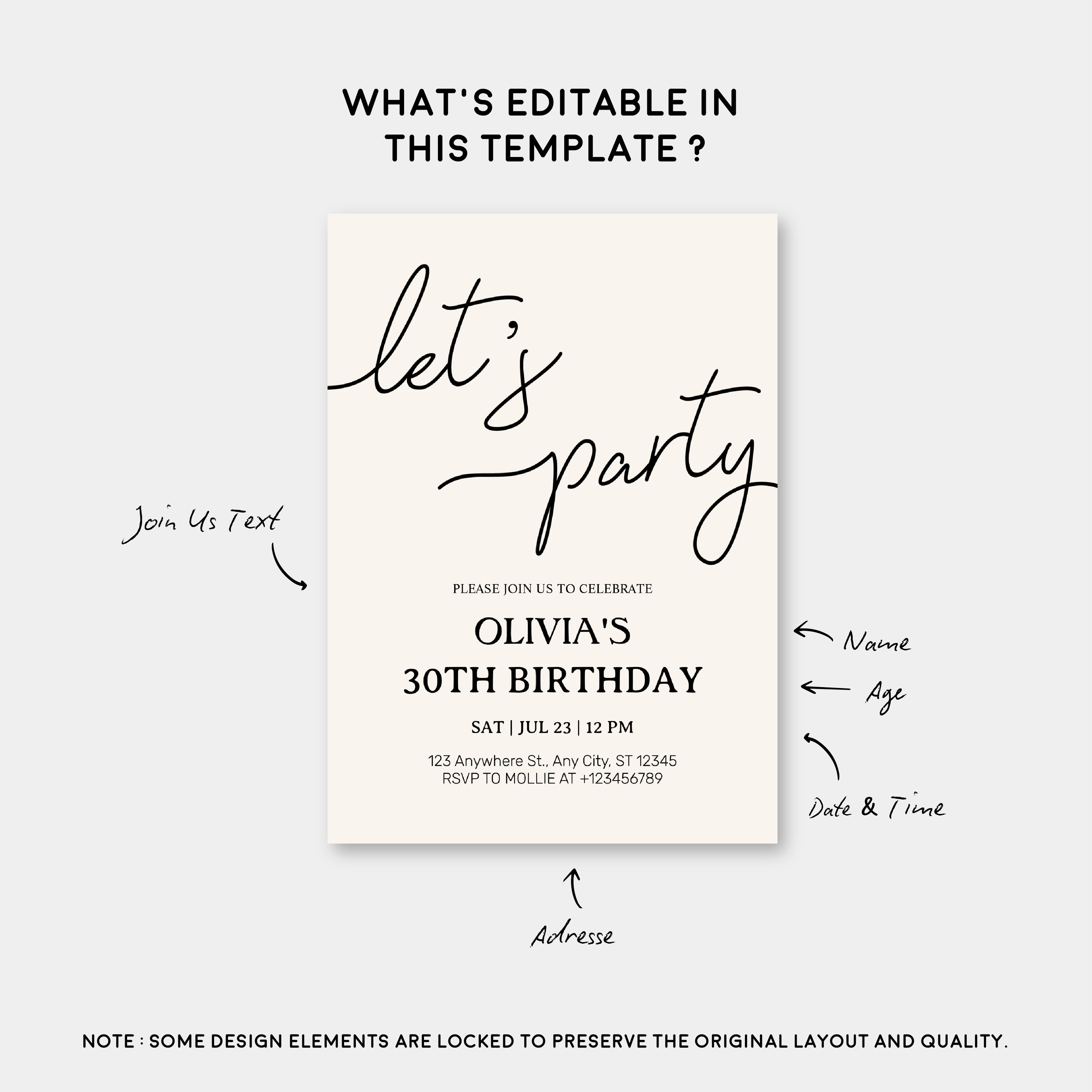 Modern Minimalist Lets Party Birthday Invitation – Editable Canva Template