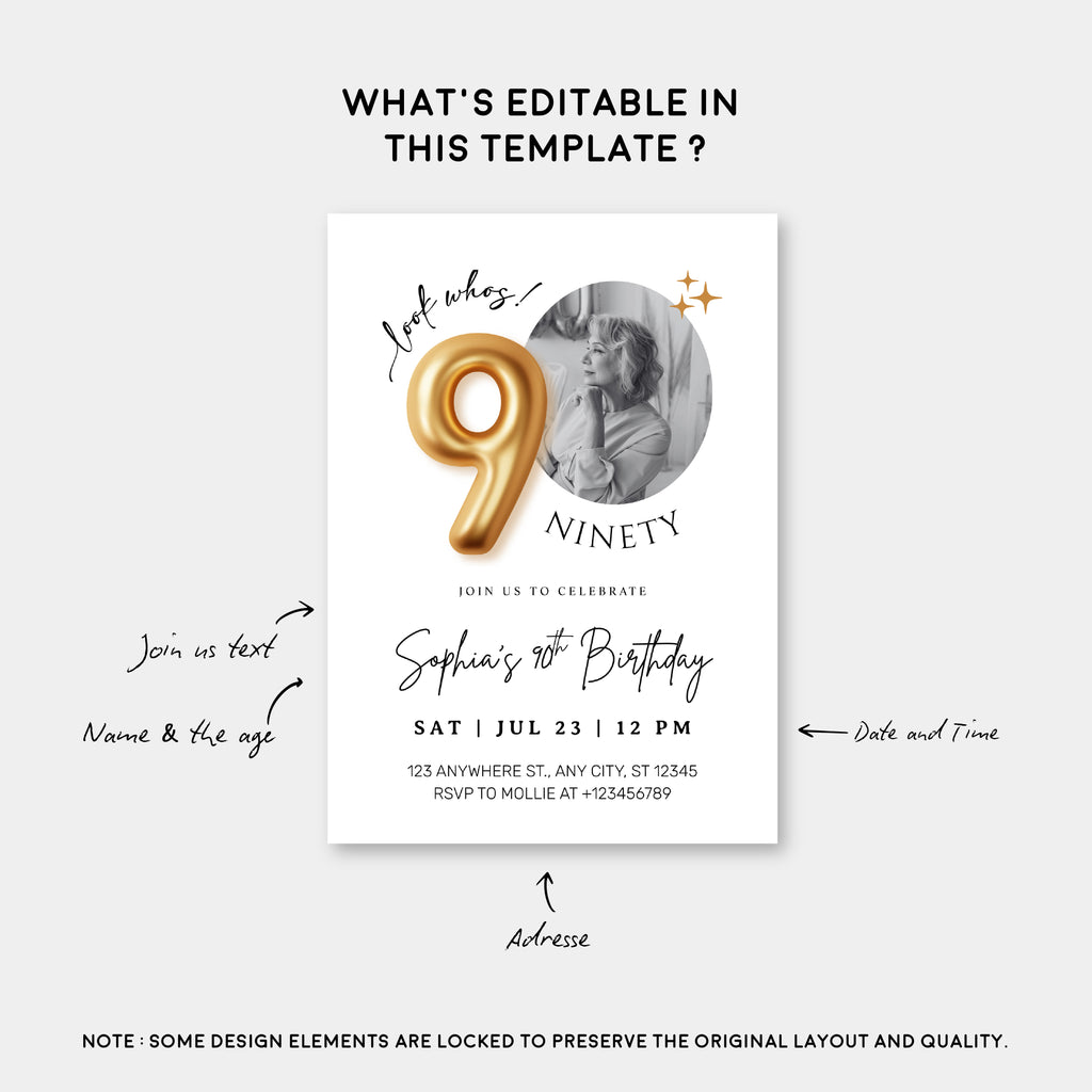 Modern Minimalist 90th Birthday Gold Balloon Photo Invitation Template | Elegant Milestone Party Invite | Editable & Instant Download