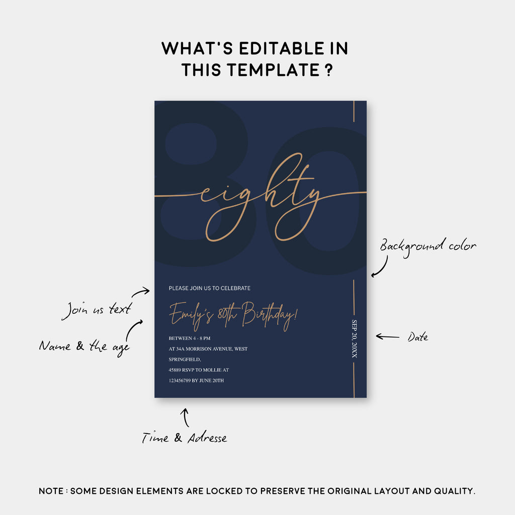 Modern Navy Blue & Gold 80th Birthday Invitation – Editable Canva Template