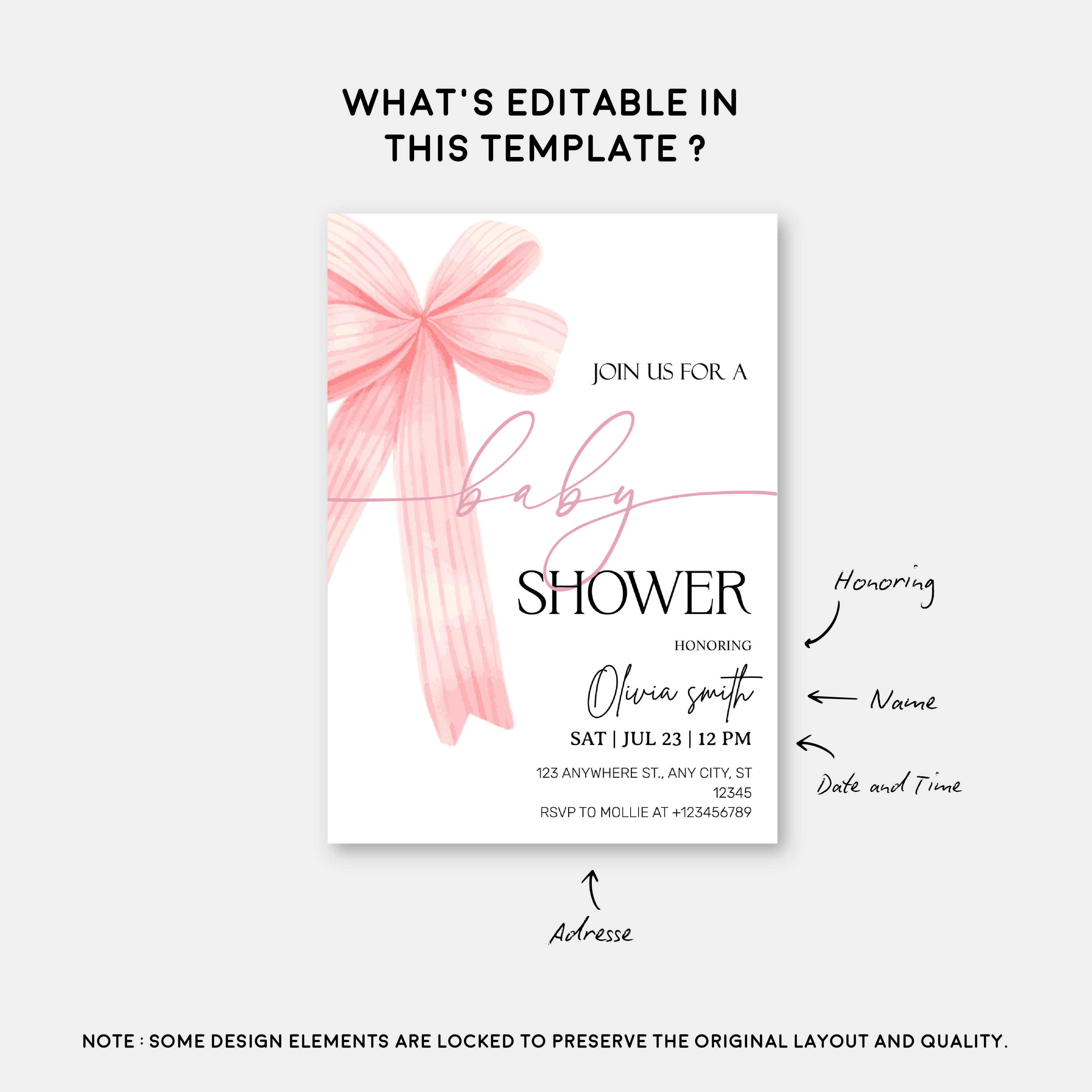 Elegant Pink Bow Baby Shower Invitation – Editable Canva Template