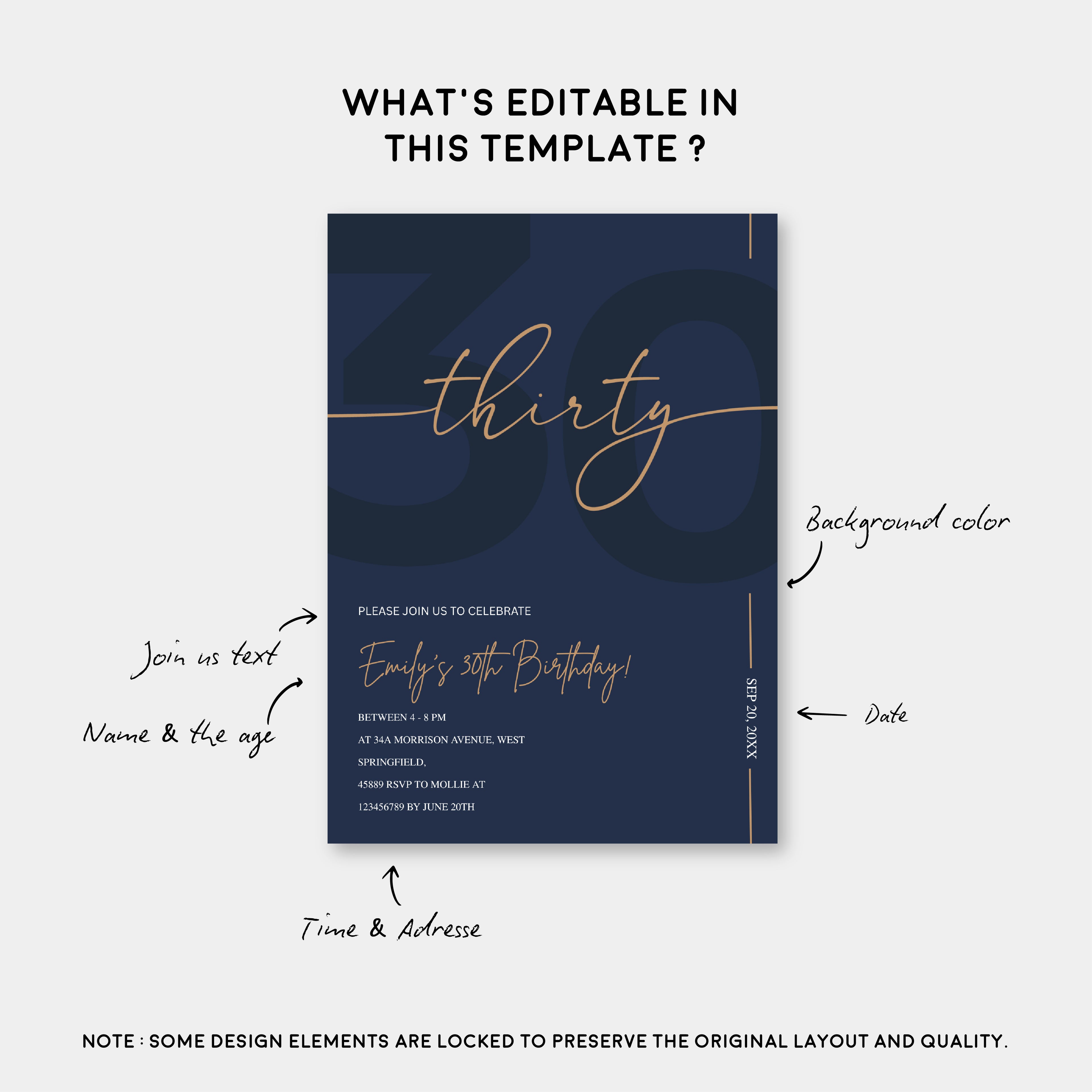 Modern Navy Blue & Gold 30th Birthday Invitation – Editable Canva Template