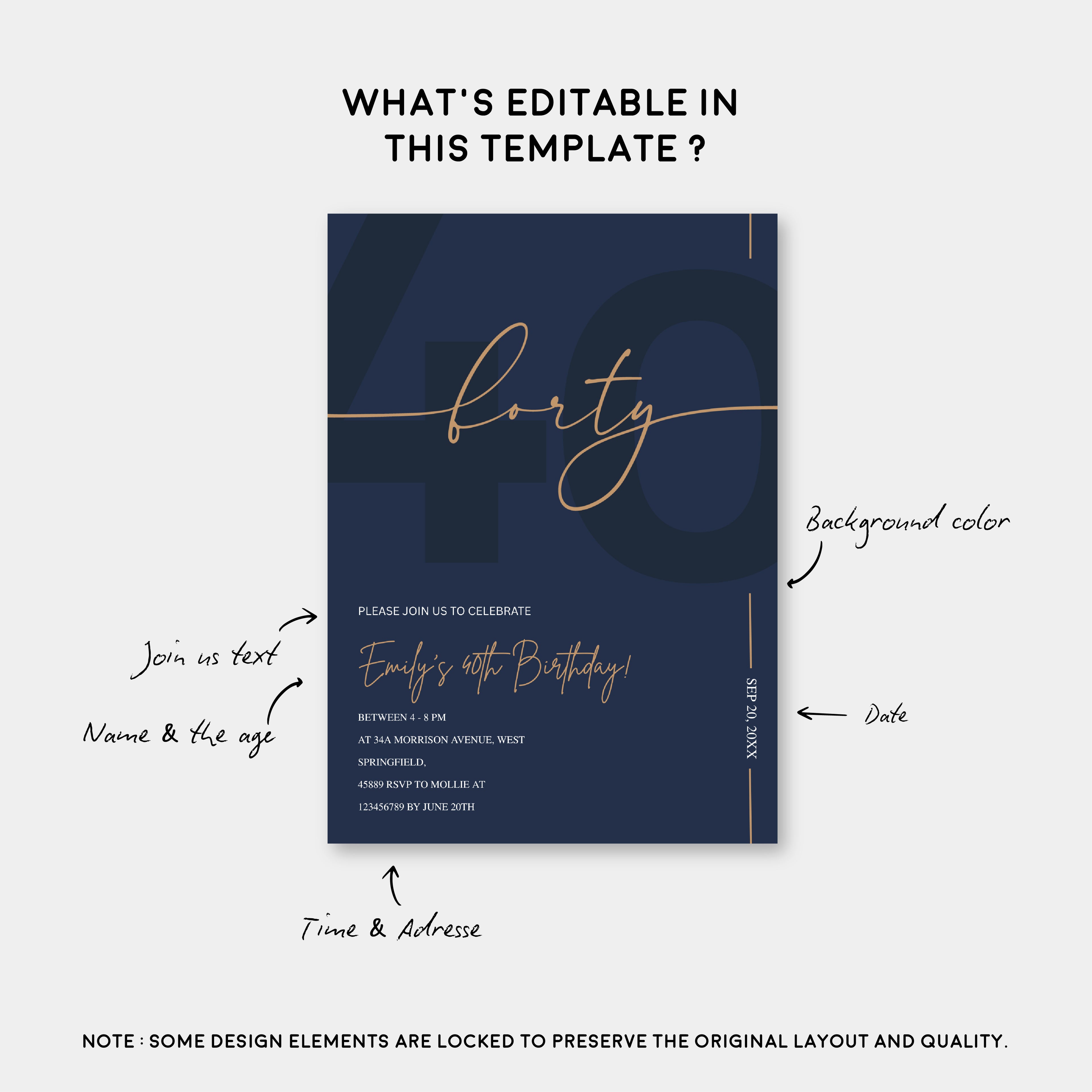 Modern Navy Blue & Gold 40th Birthday Invitation – Editable Canva Template
