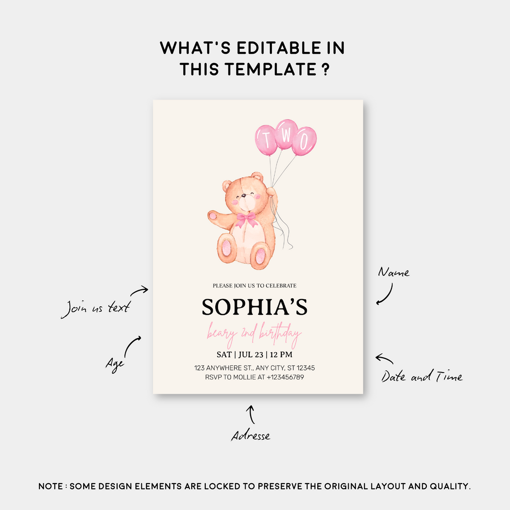 Beary Pink Balloon 2nd Birthday Teddy Invitation – Editable Canva Template