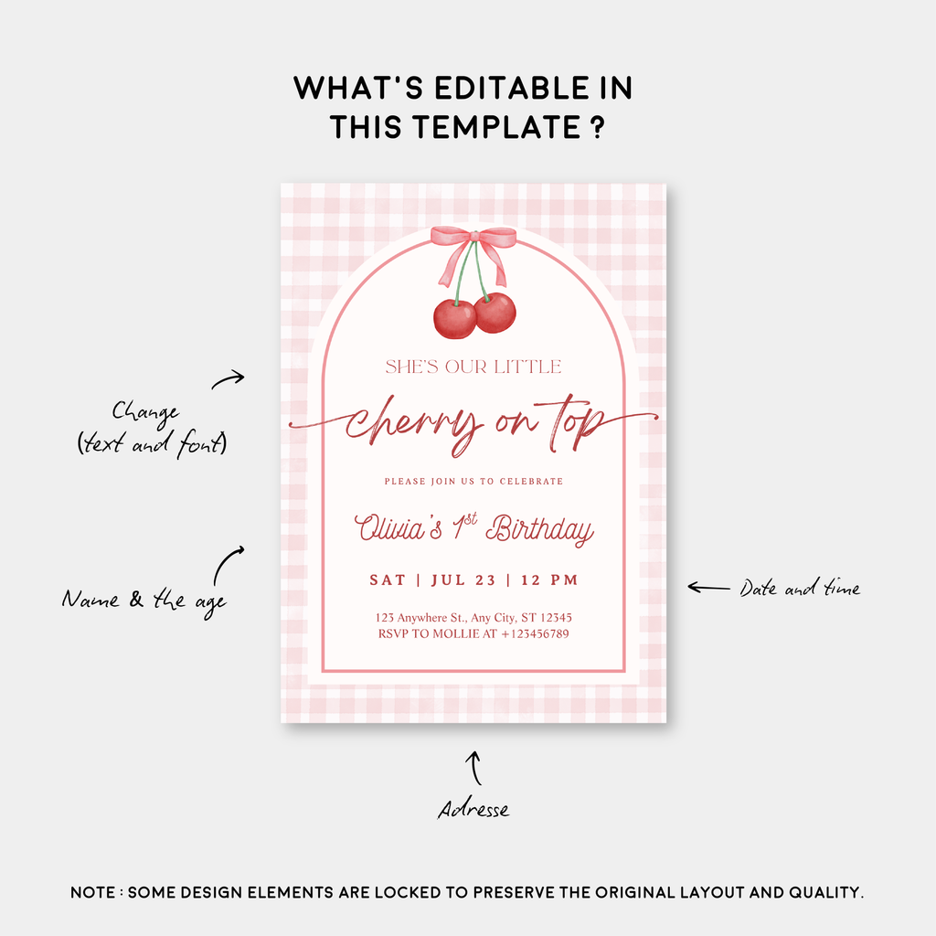Editable “Cherry on Top” 1st Birthday Invitation | Gingham First Birthday Canva Template – Instant Download
