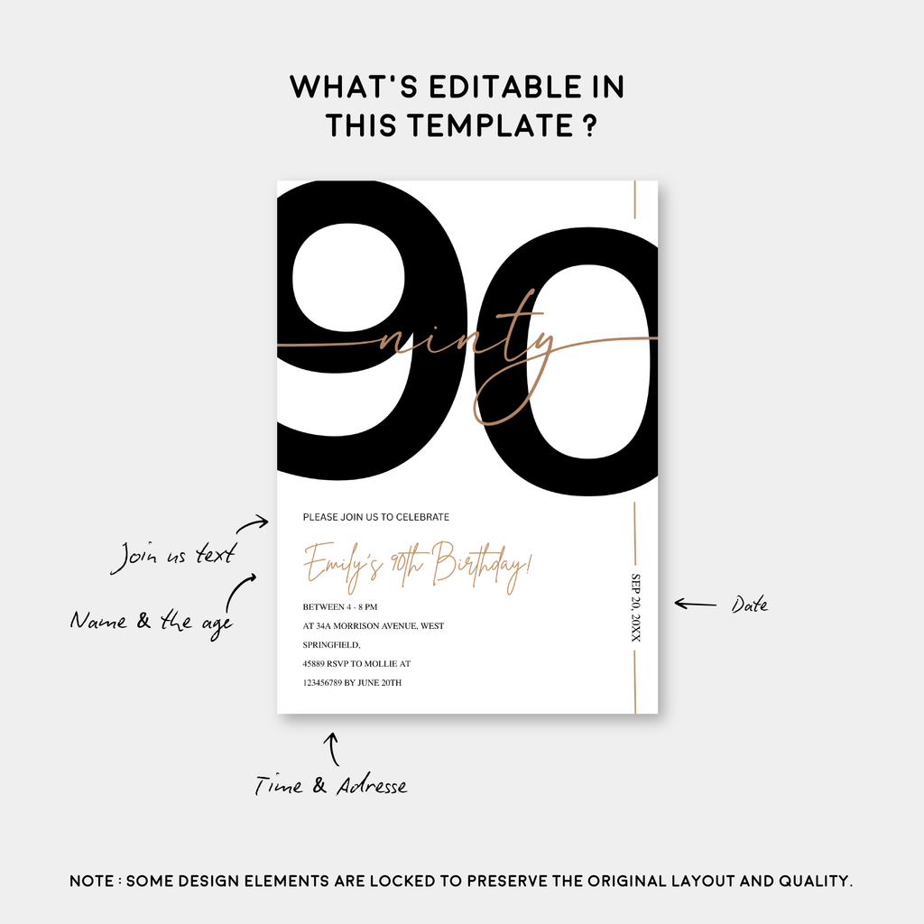 Modern Minimalist White & Gold 90th Birthday Party Invitation – Editable Canva Template