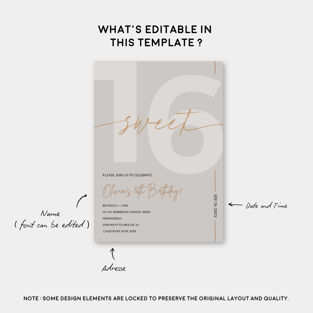 Modern Beige & Gold Sweet 16th Birthday Invitation – Editable Canva Template