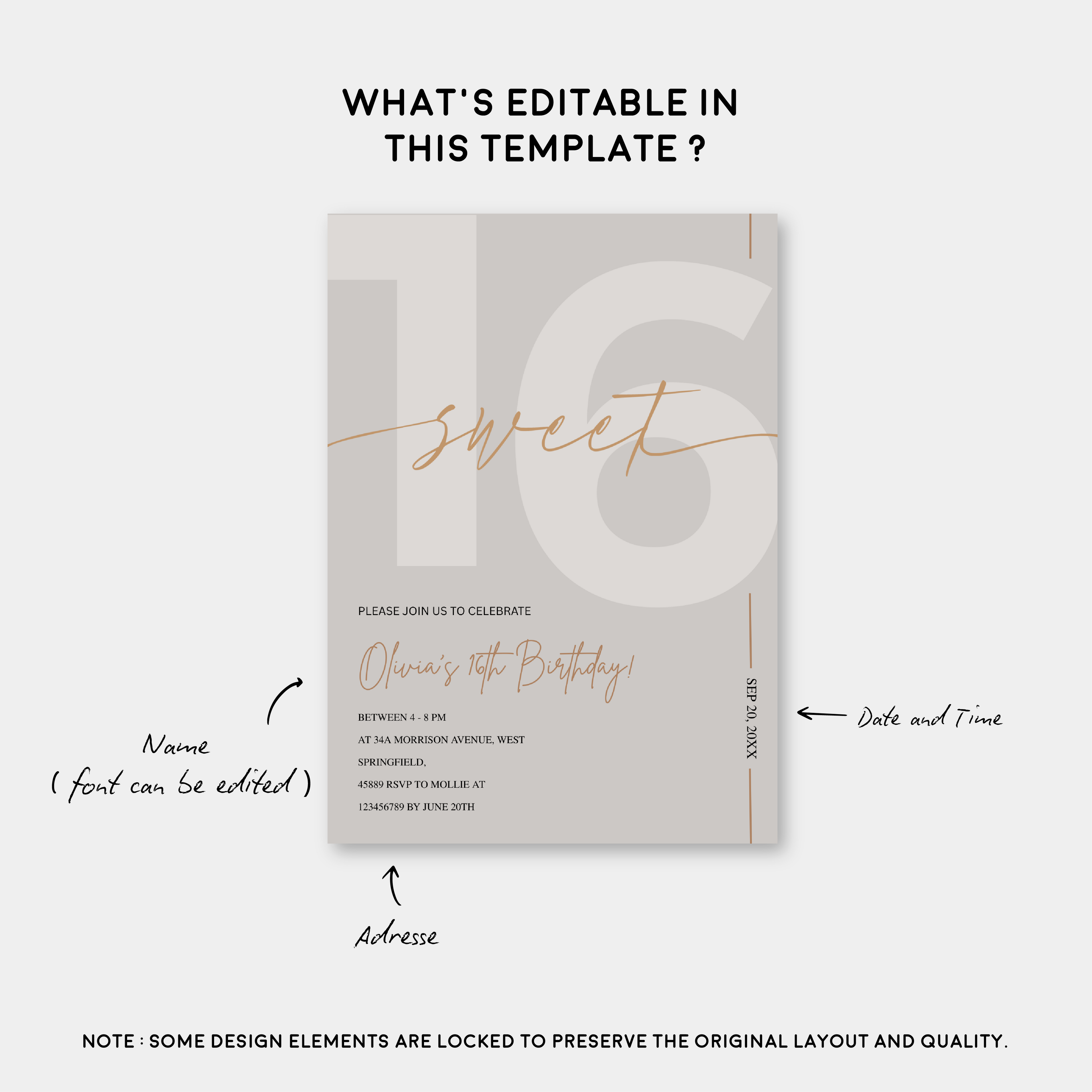 Modern Beige & Gold Sweet 16th Birthday Invitation – Editable Canva Template