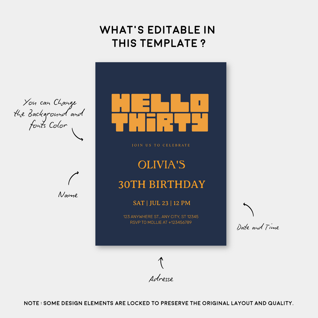 Hello Thirty Navy Blue 30th Birthday Invitation | Modern Milestone Party Invite | Elegant Birthday Celebration
