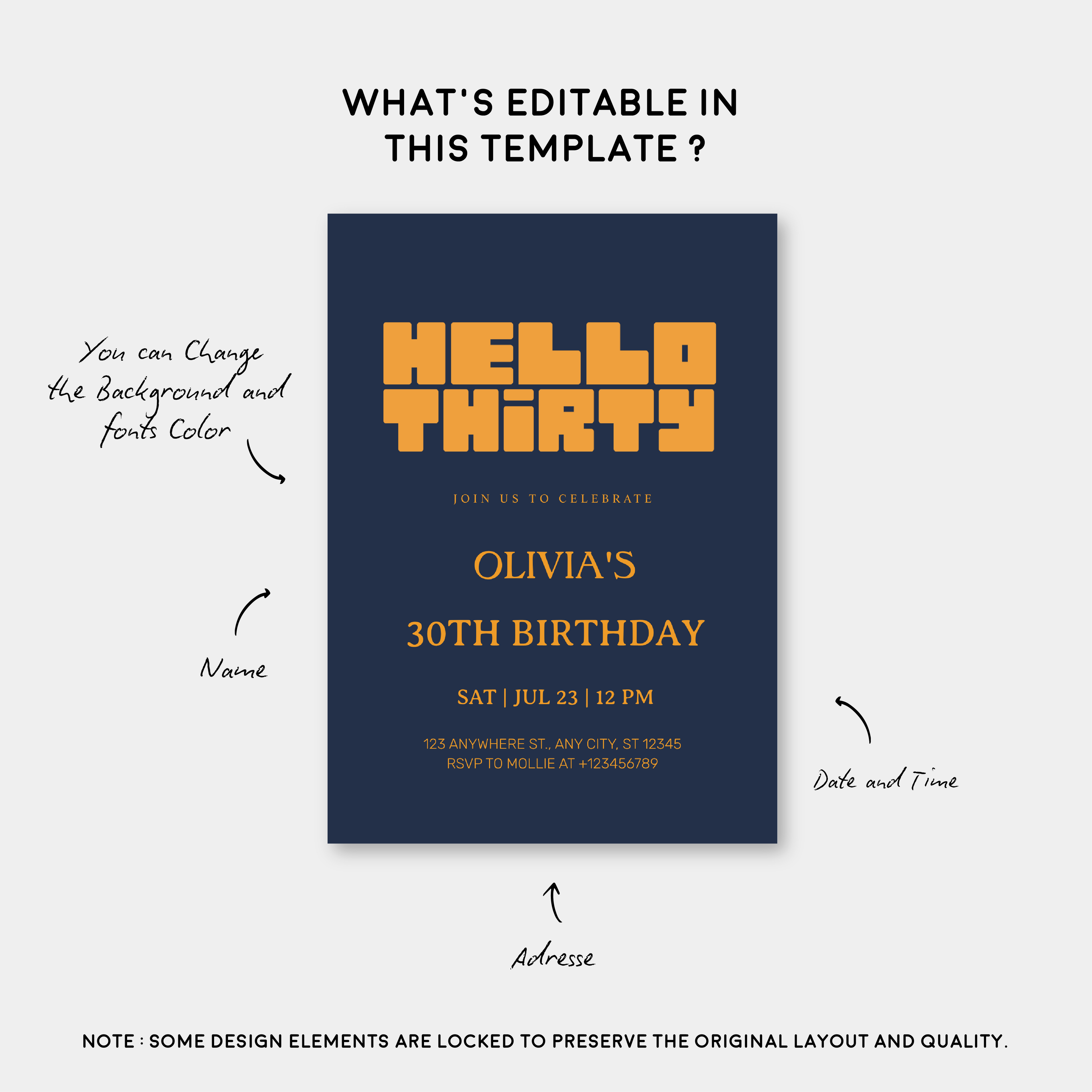 Hello Thirty Navy Blue 30th Birthday Invitation | Modern Milestone Party Invite | Elegant Birthday Celebration