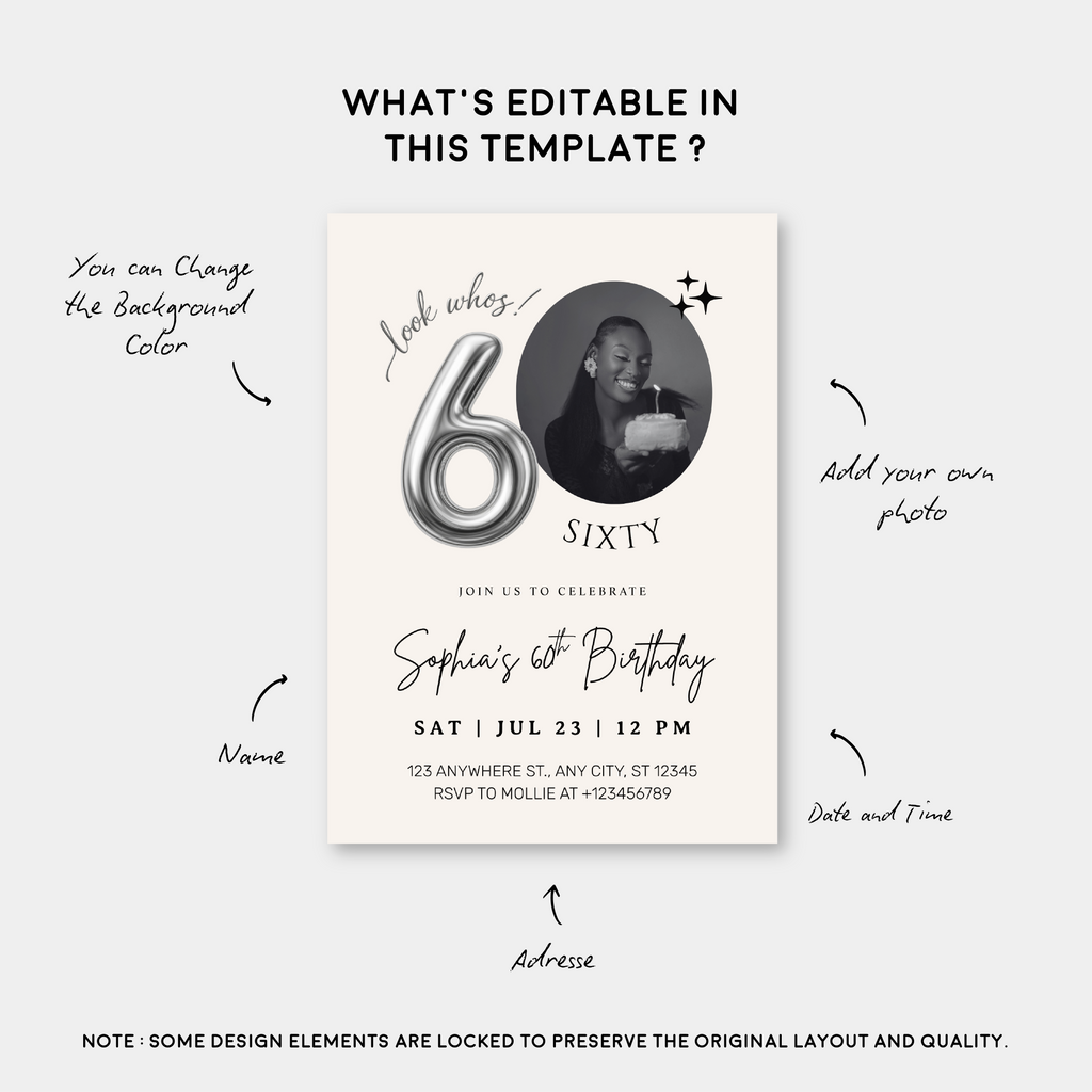 Editable 60th Birthday Photo Invitation Canva Template Silver Balloon Minimalist Party Invite Instant Download