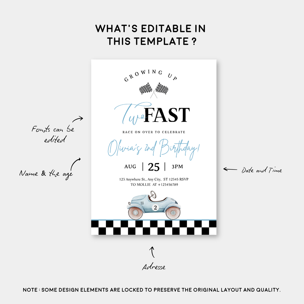 Growing Up Two Fast 2nd Birthday Invitation | Blue Vintage Race Car Party Invite