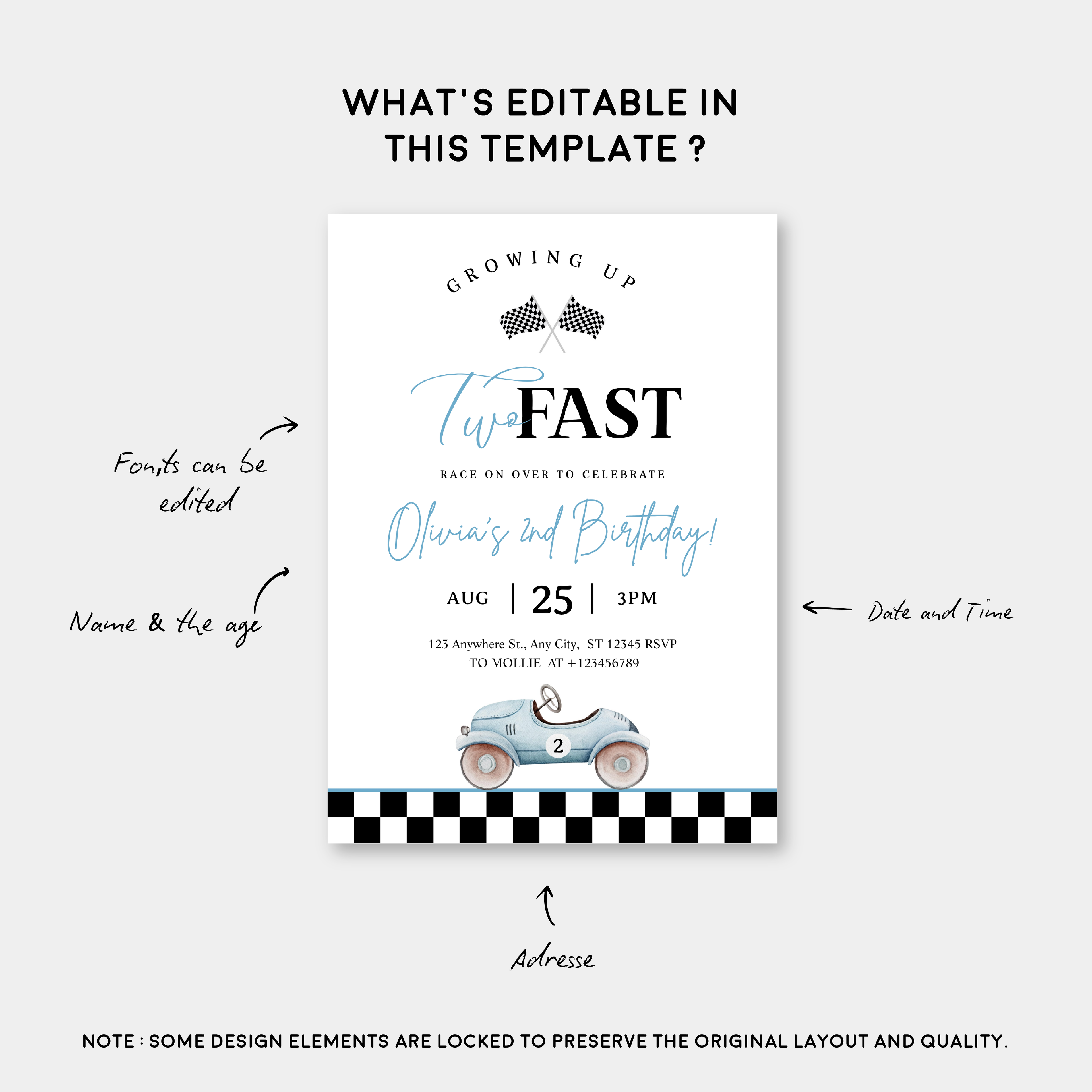 Growing Up Two Fast 2nd Birthday Invitation | Blue Vintage Race Car Party Invite