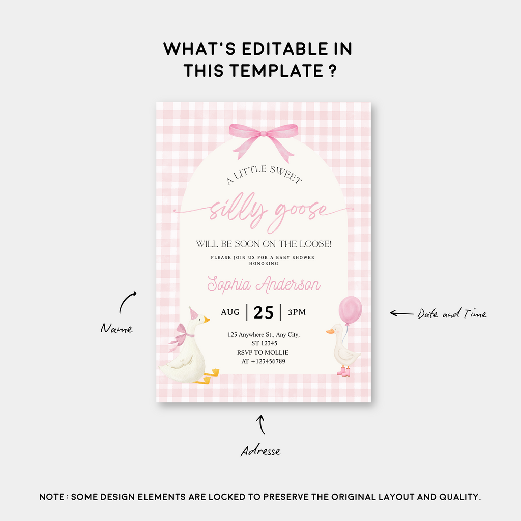 Editable Silly Goose Baby Shower Invitation | Pink Bow Gingham Canva Template – Instant Download