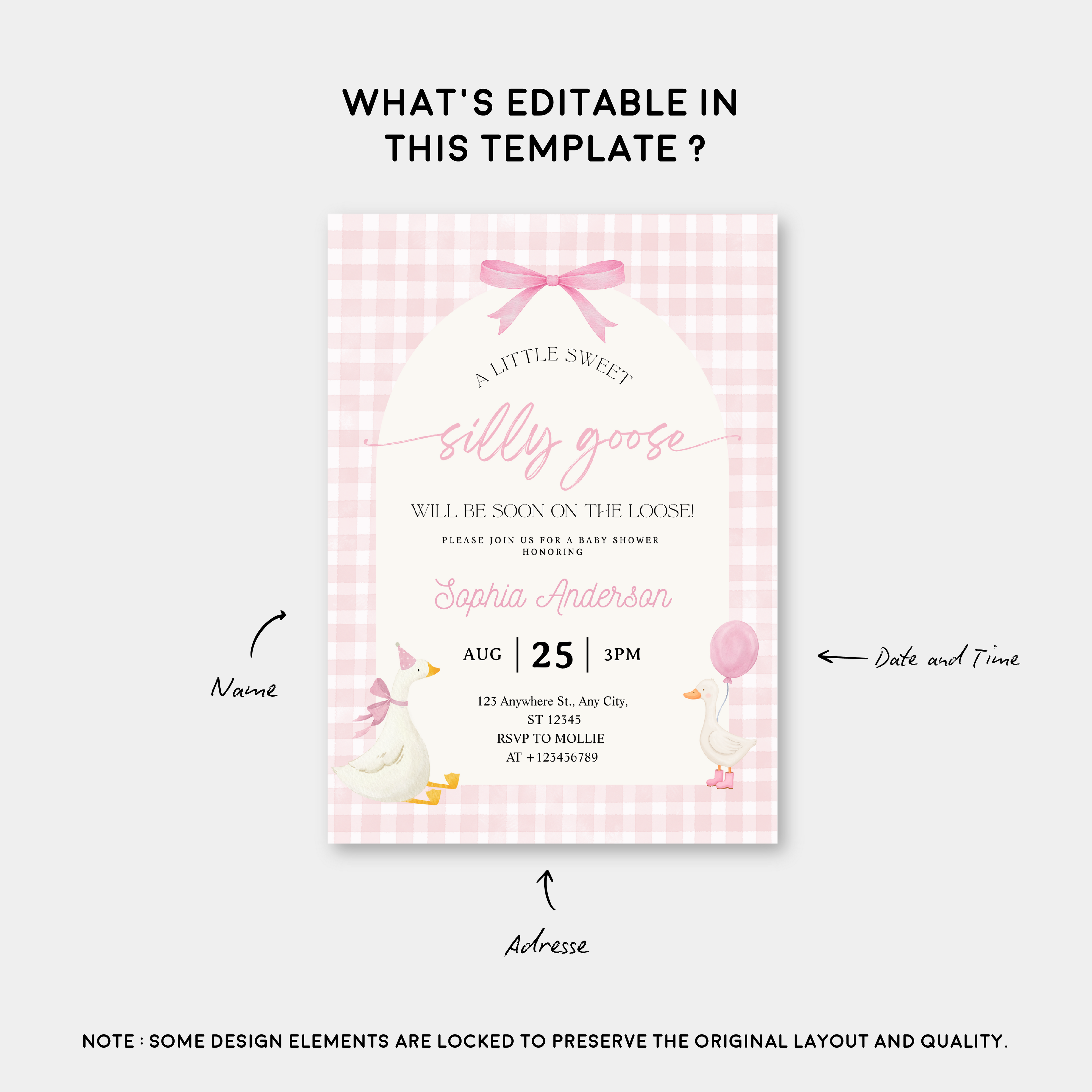 Editable Silly Goose Baby Shower Invitation | Pink Bow Gingham Canva Template – Instant Download