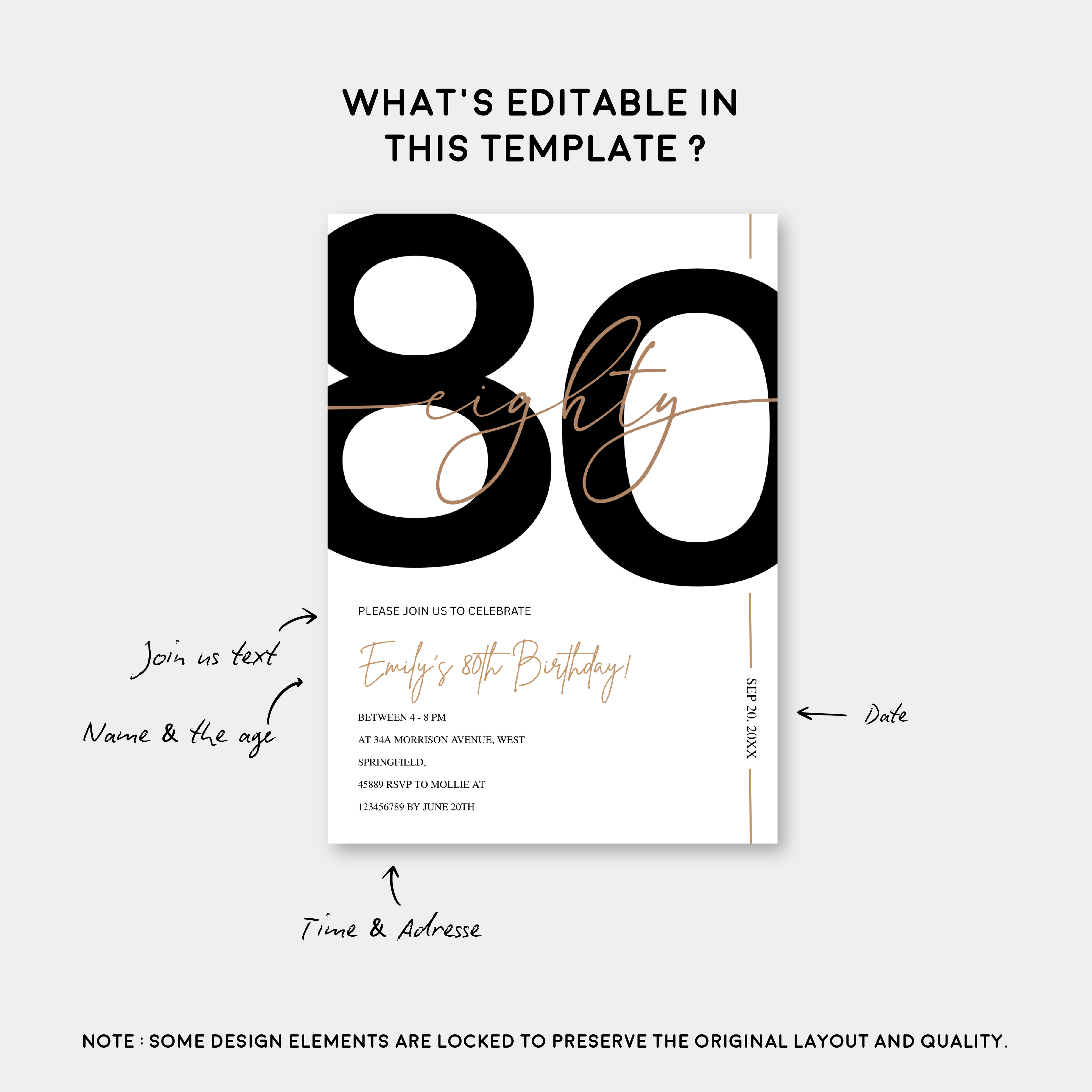 Modern Minimalist White & Gold 80th Birthday Party Invitation – Editable Canva Template