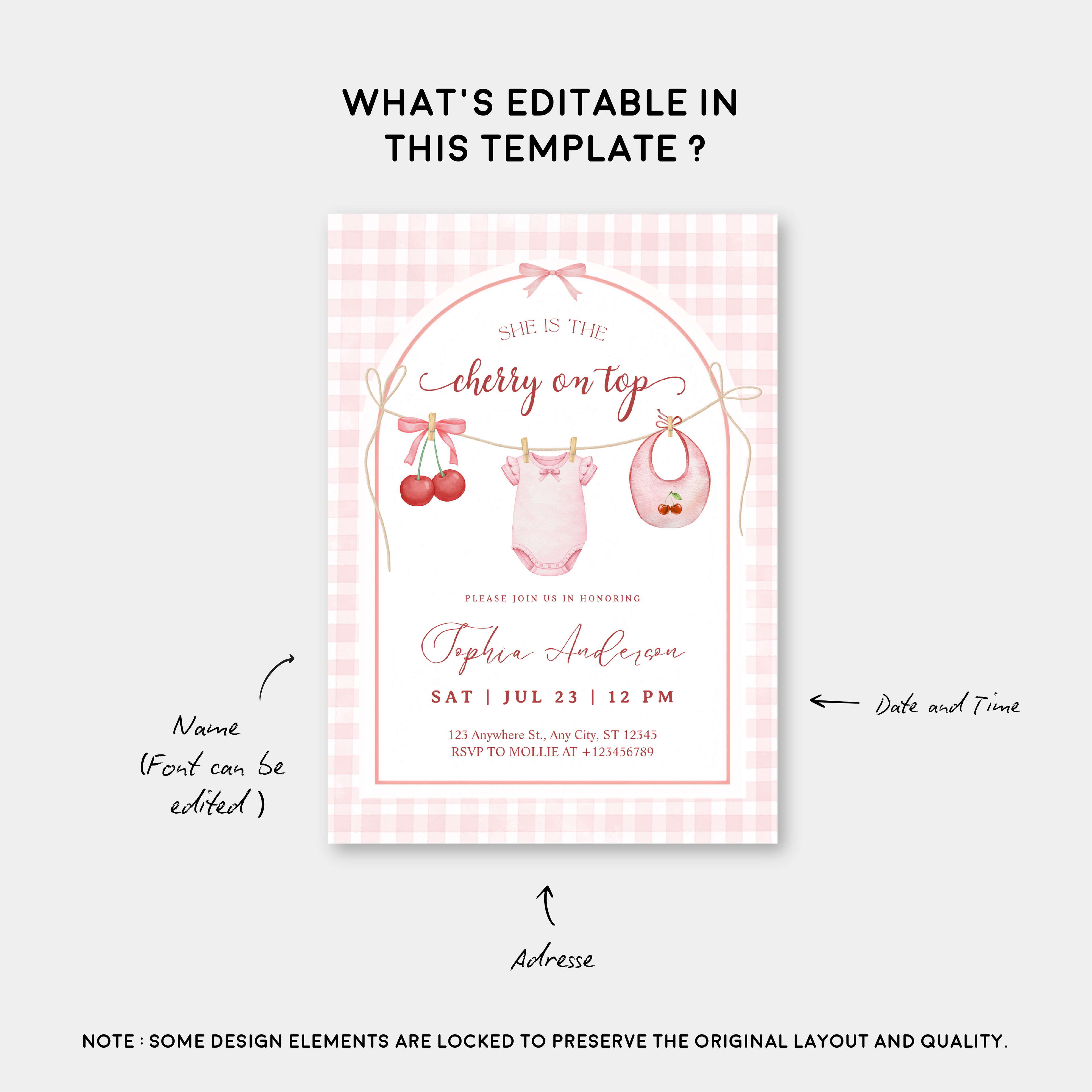 She's the Cherry on Top Baby Shower Invitation | Cherry Theme Baby Girl Shower Invite | Clothesline Baby Shower Invitation
