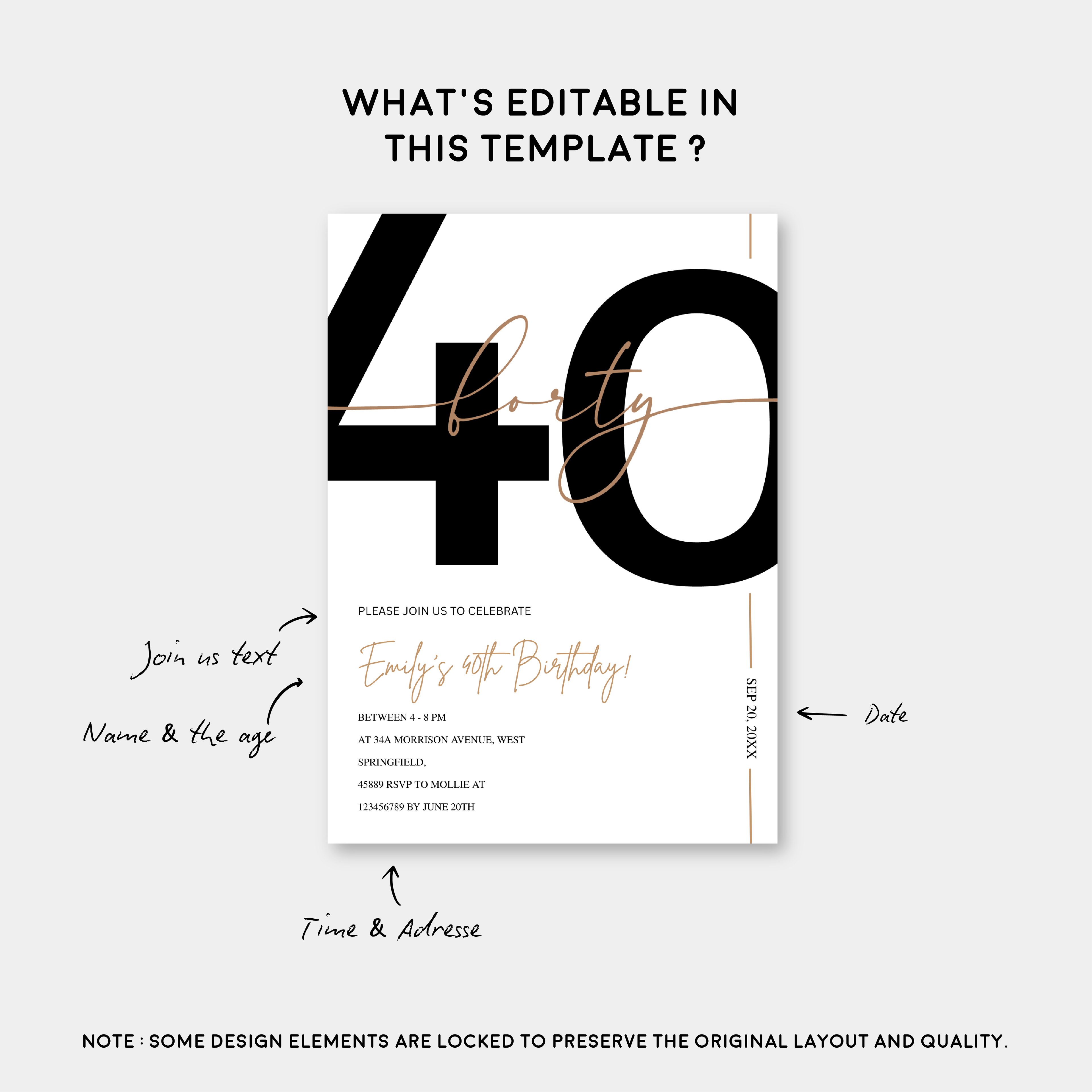 Modern Minimalist White & Gold 40th Birthday Party Invitation – Editable Canva Template